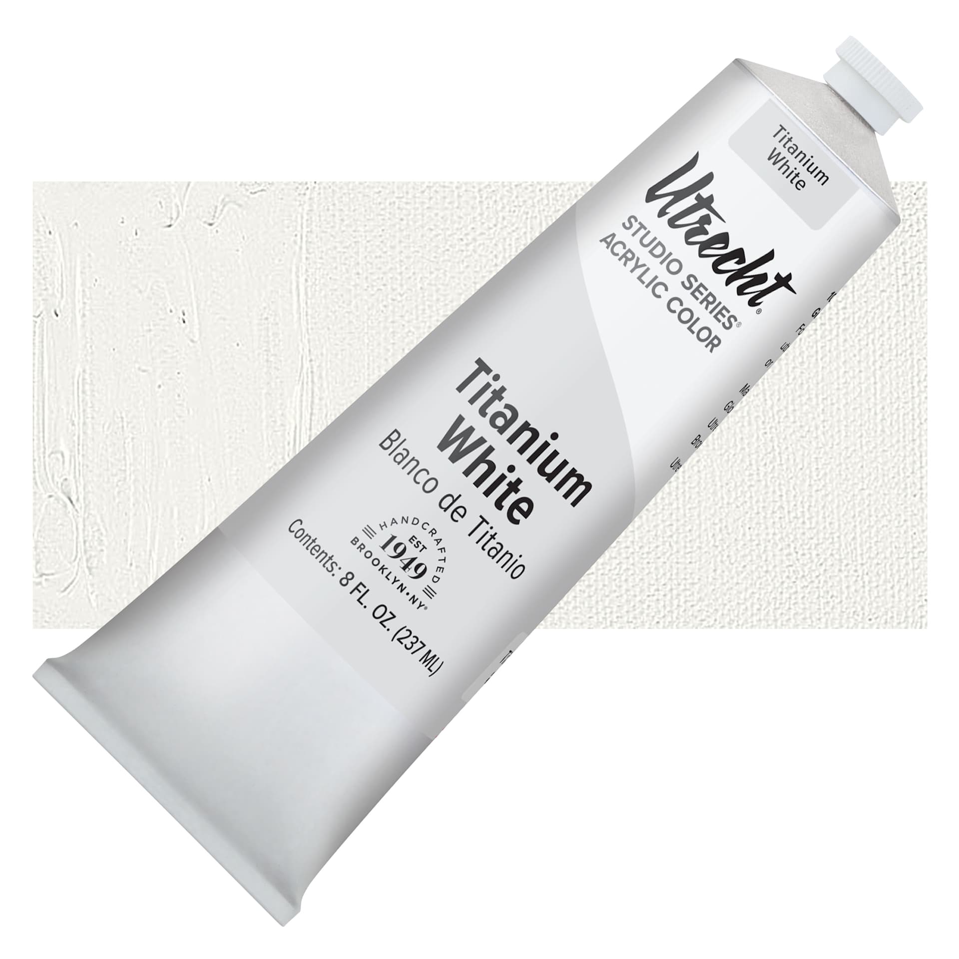 Utrecht Studio Series Acrylic Paint - Titanium White, 237 ml tube and swatch Utrecht Studio Series Acrylic Paint - Titanium White, 237 ml tube and swatch