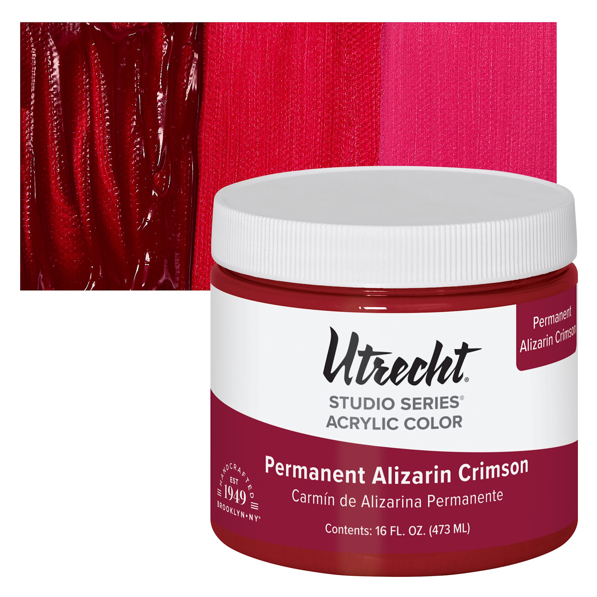 Utrecht Studio Series Acrylic Paint - Permanent Alizarin Crimson, 473 ml jar and swatch