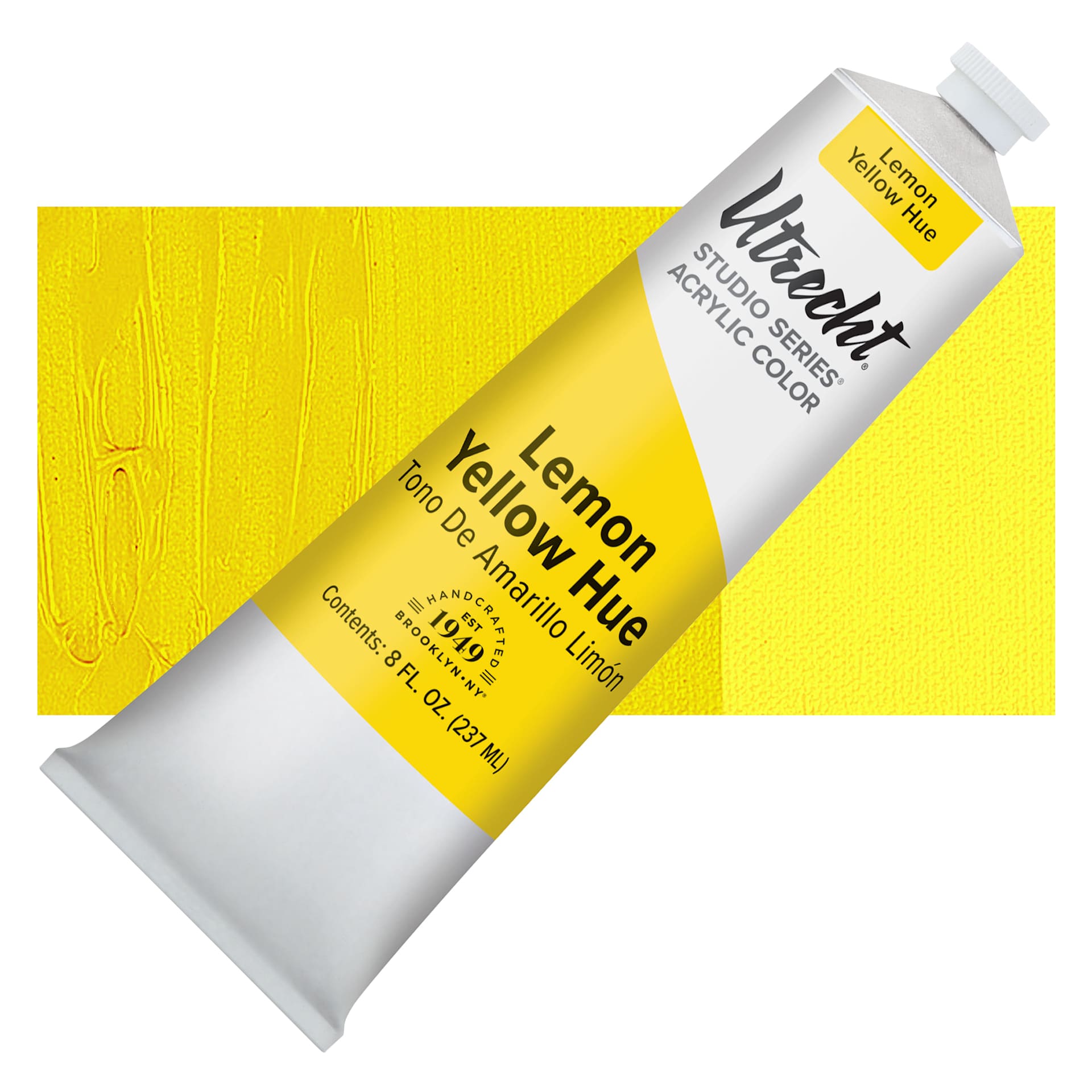 Utrecht Studio Series Acrylic Paint - Lemon Yellow Hue, 237 ml tube and swatch