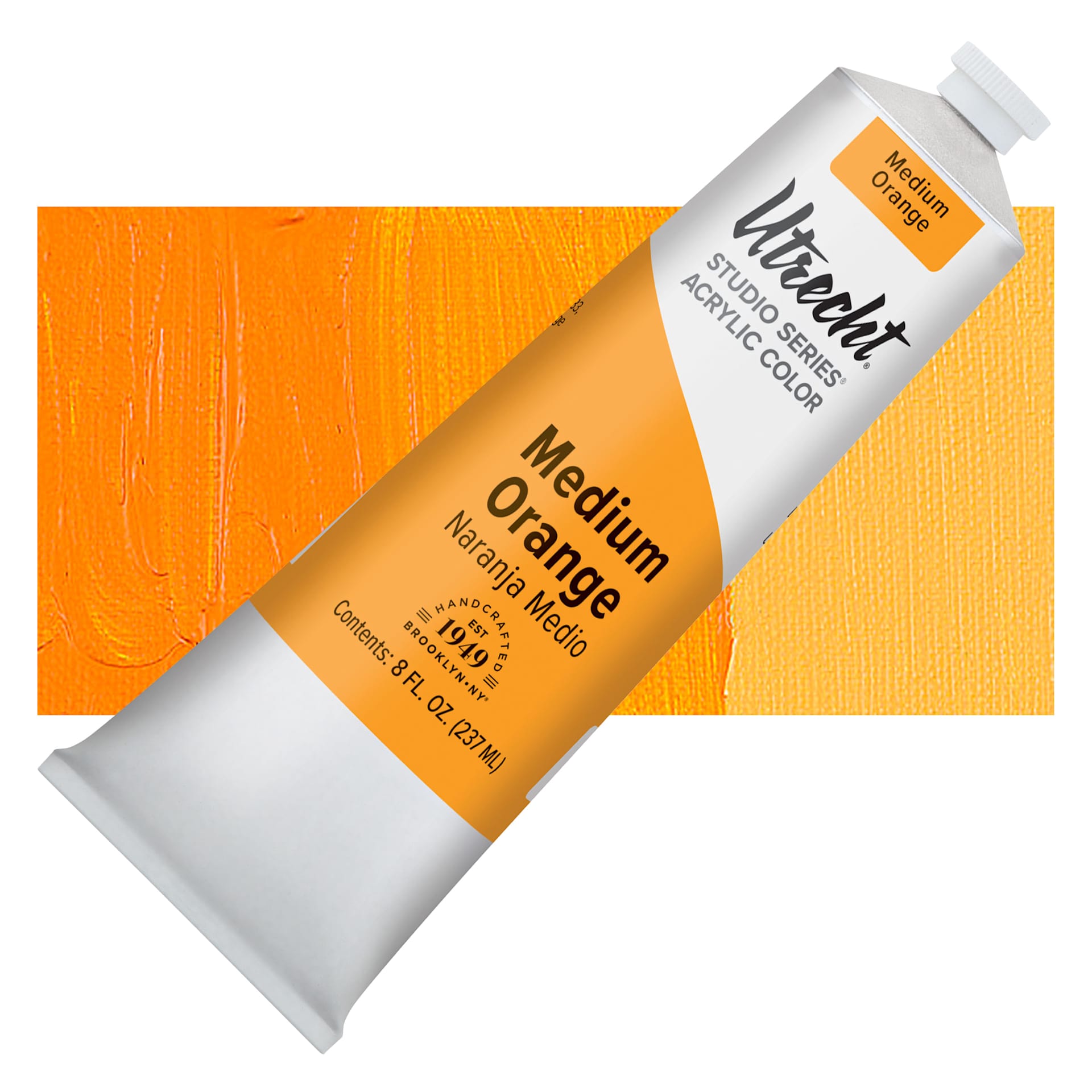 Utrecht Studio Series Acrylic Paint - Medium Orange, 237 ml tube and swatch