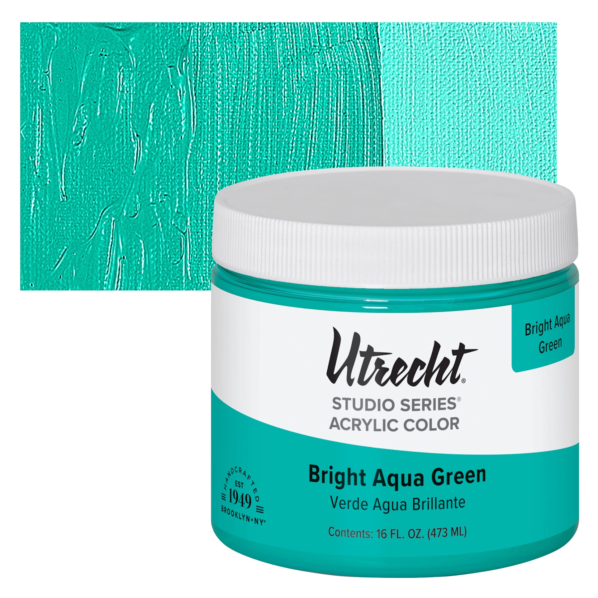 Utrecht Studio Series Acrylic Paint - Bright Aqua Green, Pint and swatch