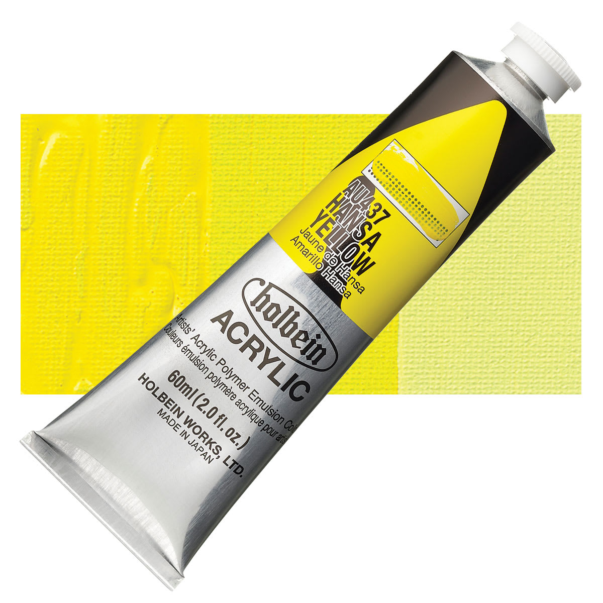 Holbein Heavy Body Artist Acrylic Paint - Hansa Yellow, 60 ml tube and swatch