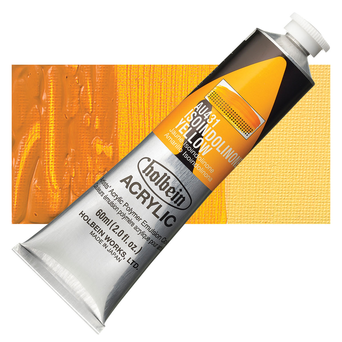 Holbein Heavy Body Artist Acrylic Paint - Isoindolinone Yellow, 60 ml tube and swatch