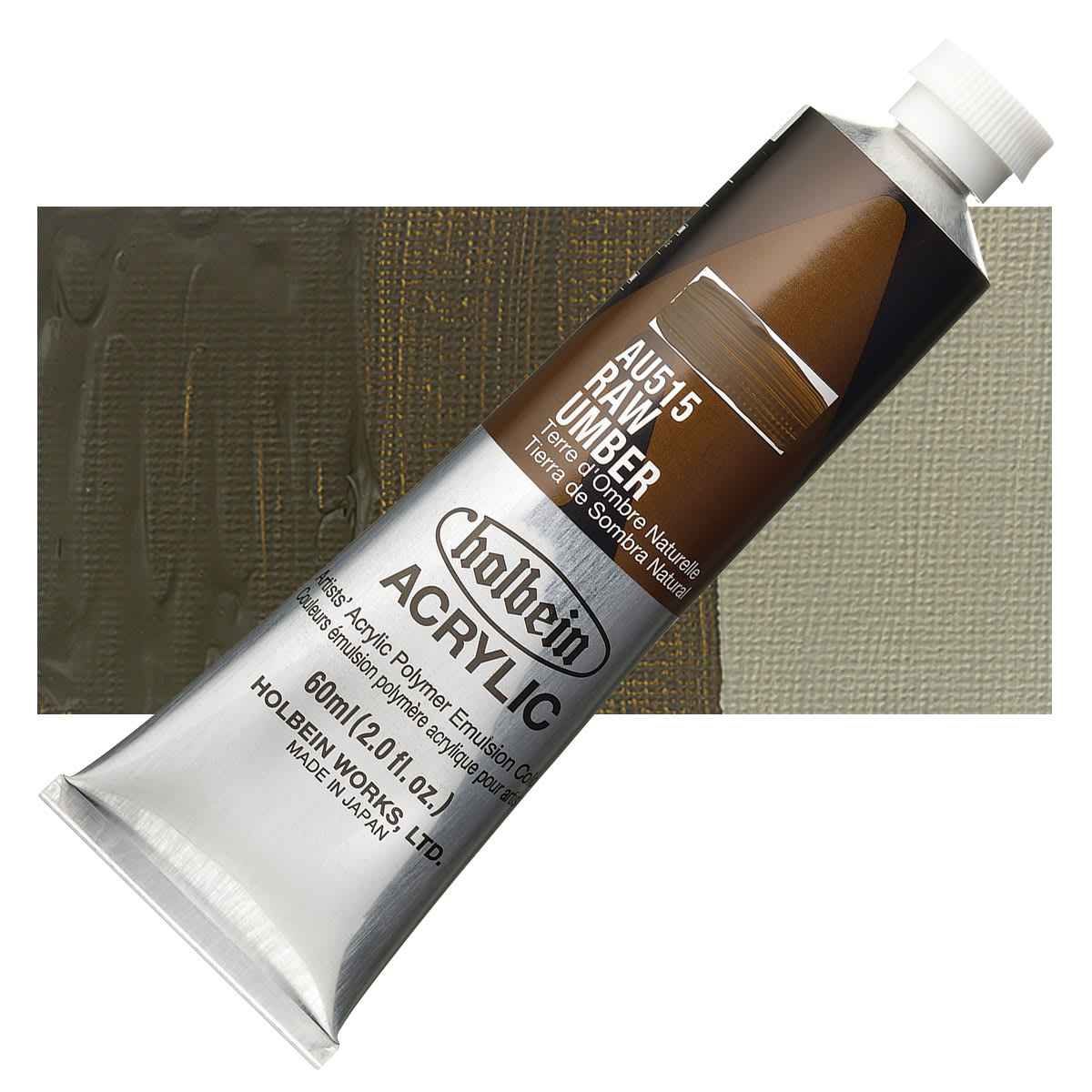 Holbein Heavy Body Artist Acrylic Paint - Raw Umber, 60 ml tube and swatch