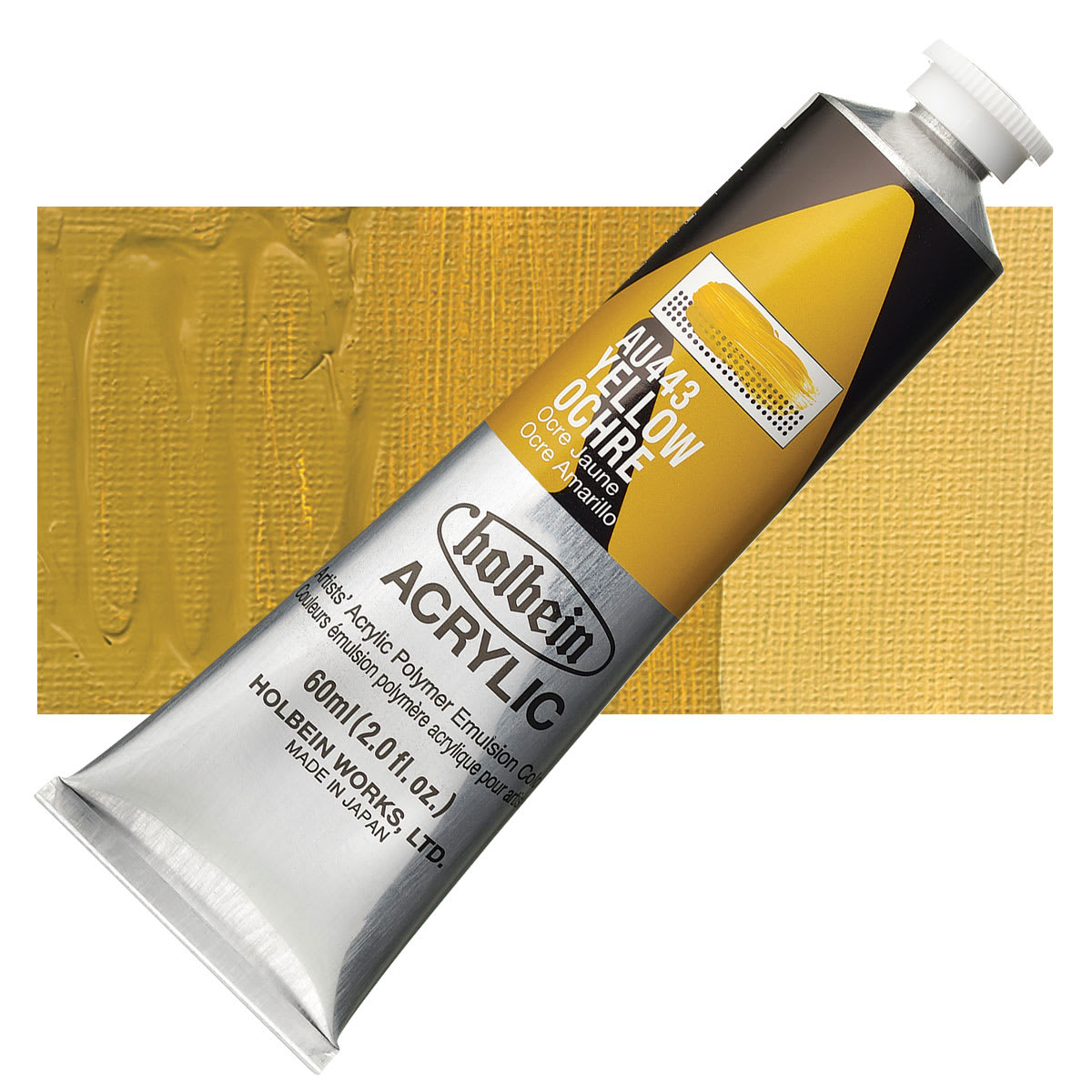 Holbein Heavy Body Artist Acrylic Paint - Yellow Ochre, 60 ml tube and swatch