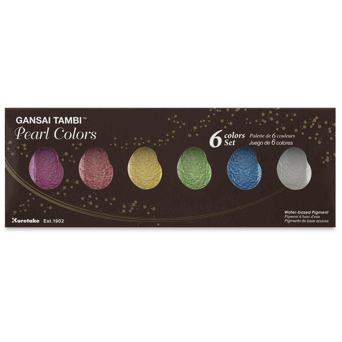 Kuretake Gansai Tambi Watercolor Paint Pan - Set of 6, Pearl Colors. Front of package.
