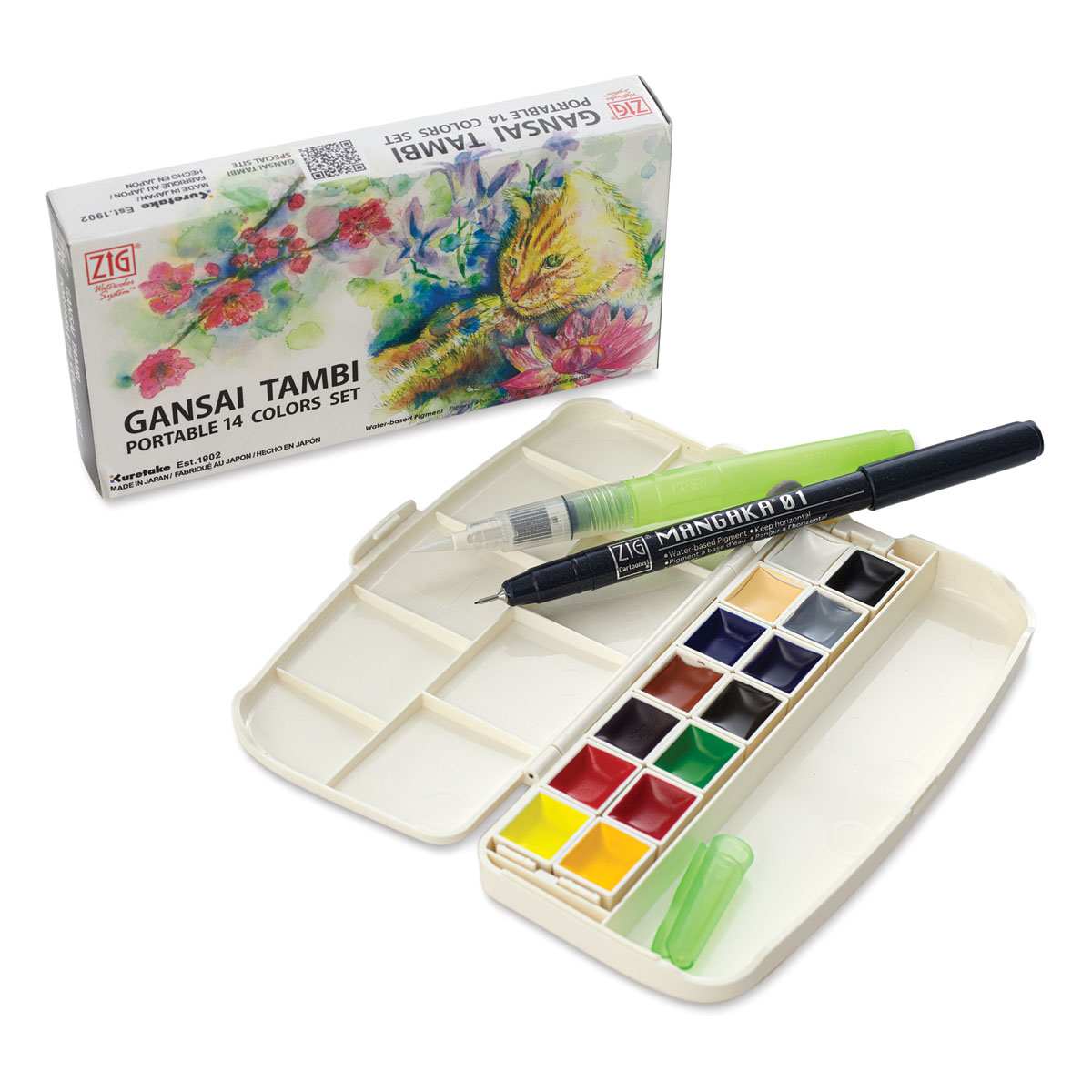 Kuretake Gansai Portable Watercolor Set - Set of 14 Half Pans shown open with package adjacent