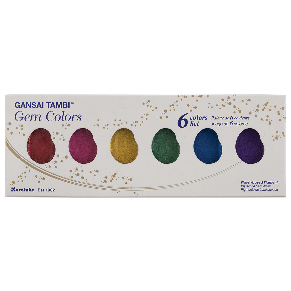 Kuretake Gansai Tambi Watercolor Paint Pan - Set of 6, Gem Colors (Front of packaging)