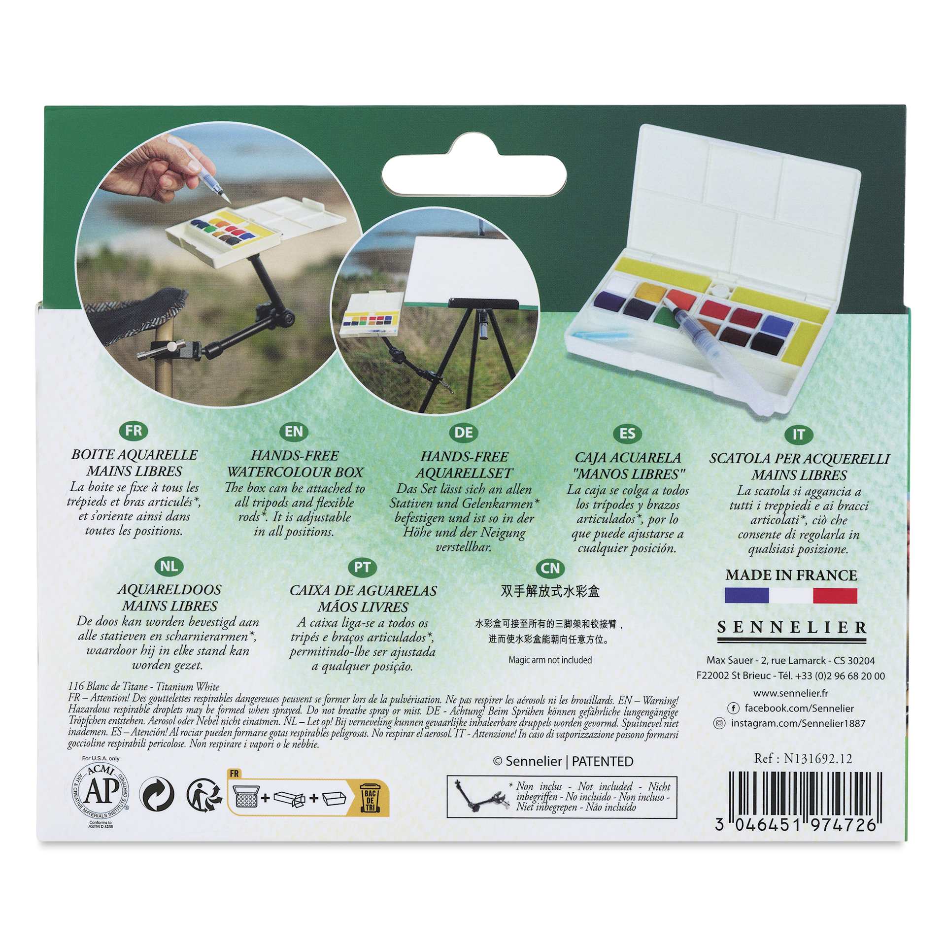 Sennelier La Petite Aquarelle Watercolor Half Pan Hands-Free Set - Set of 12, Assorted Colors back of box.