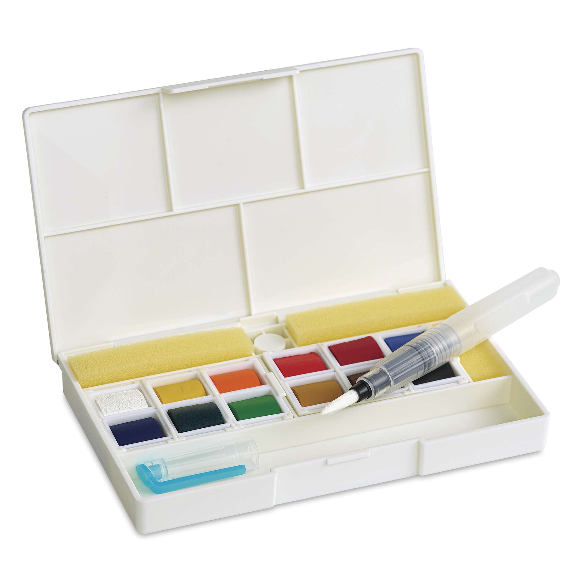 Sennelier La Petite Aquarelle Watercolor Half Pan Hands-Free Set - Set of 12 open to show pans of paint