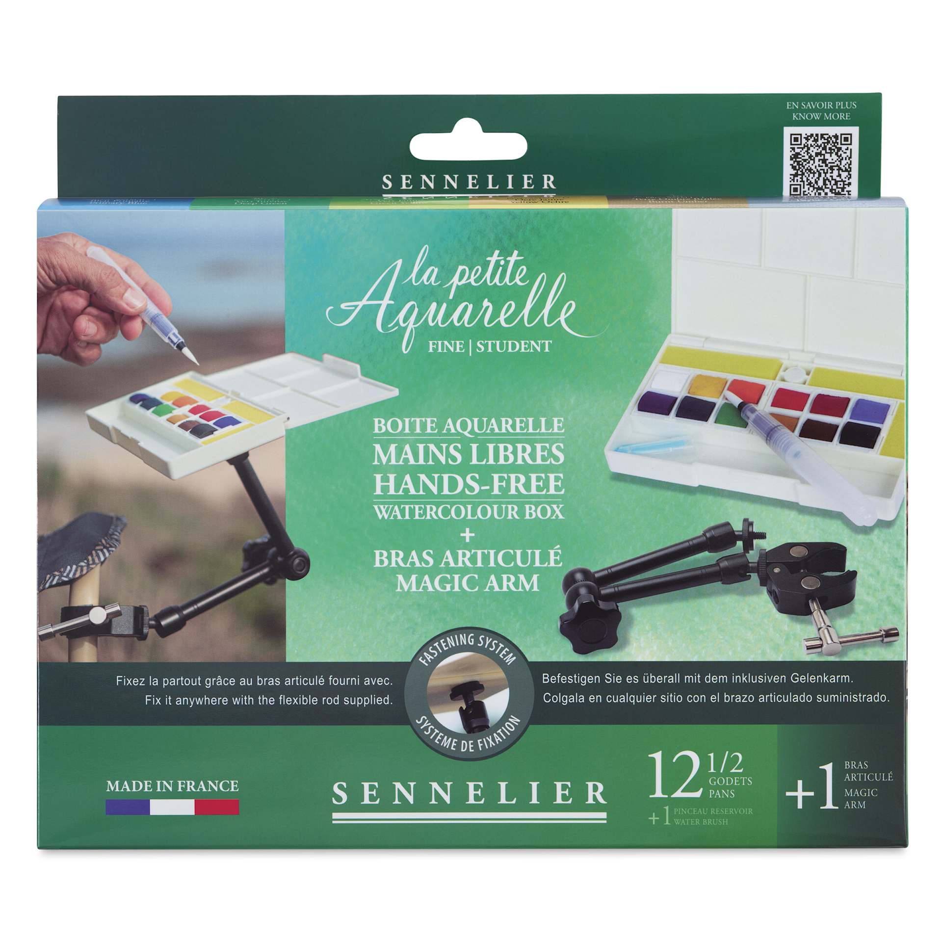 Sennelier La Petite Aquarelle Watercolor Half Pan Hands-Free Set - Set of 12 with Magic Arm, Assorted Colors front of package