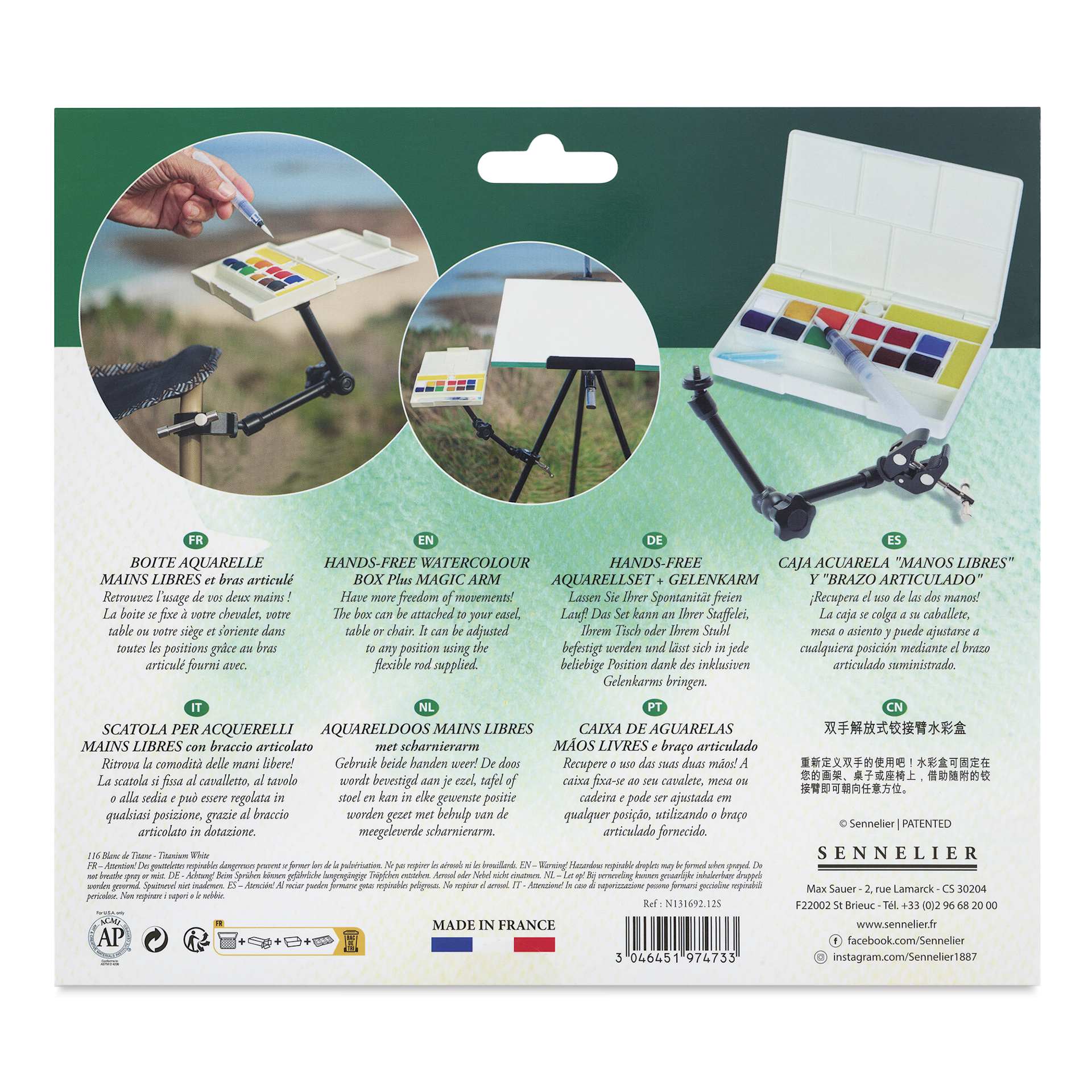 Sennelier La Petite Aquarelle Watercolor Half Pan Hands-Free Set - Set of 12 with Magic Arm, Assorted Colors back of package