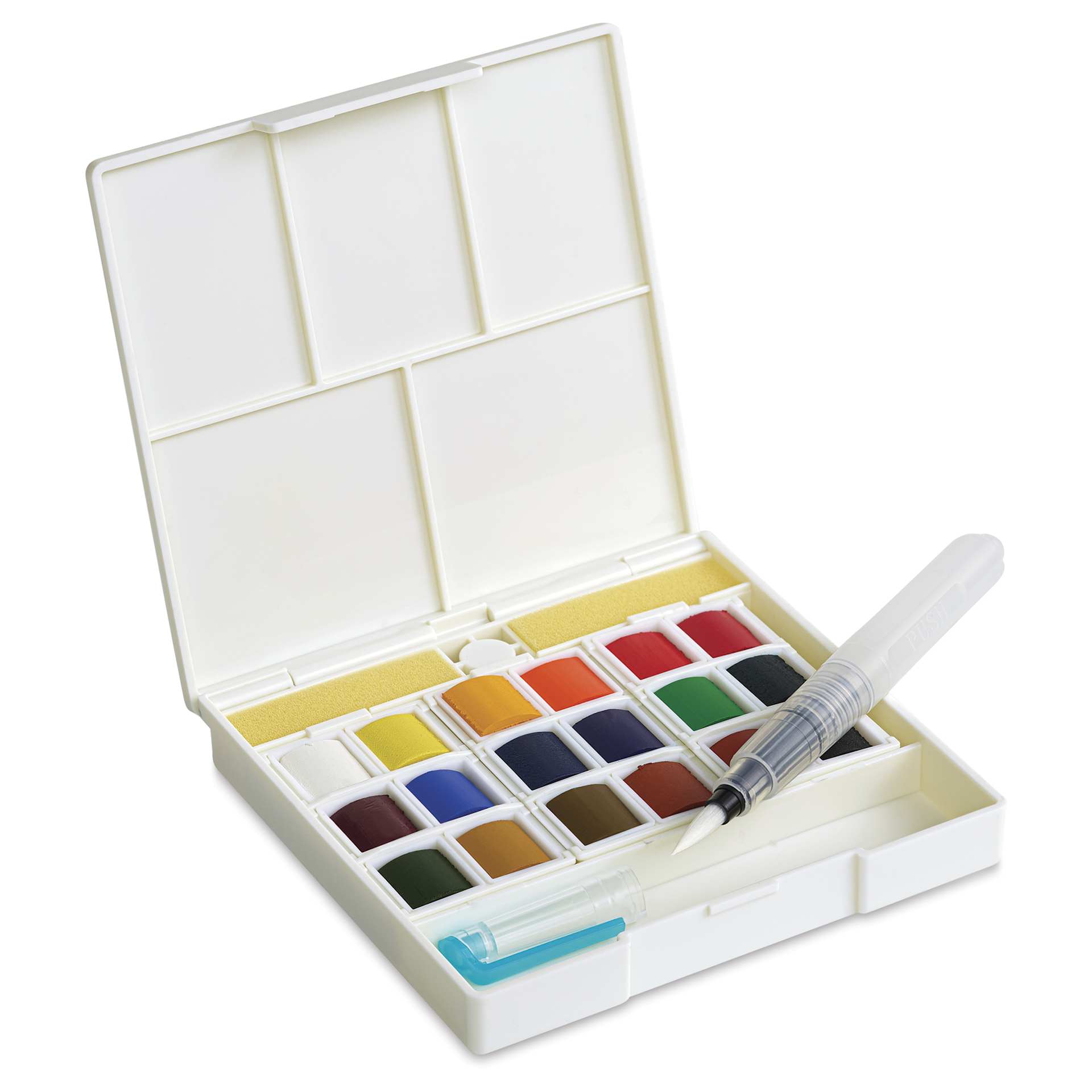 Sennelier La Petite Aquarelle Watercolor Half Pan Hands-Free Set - Set of 18 open to show pans