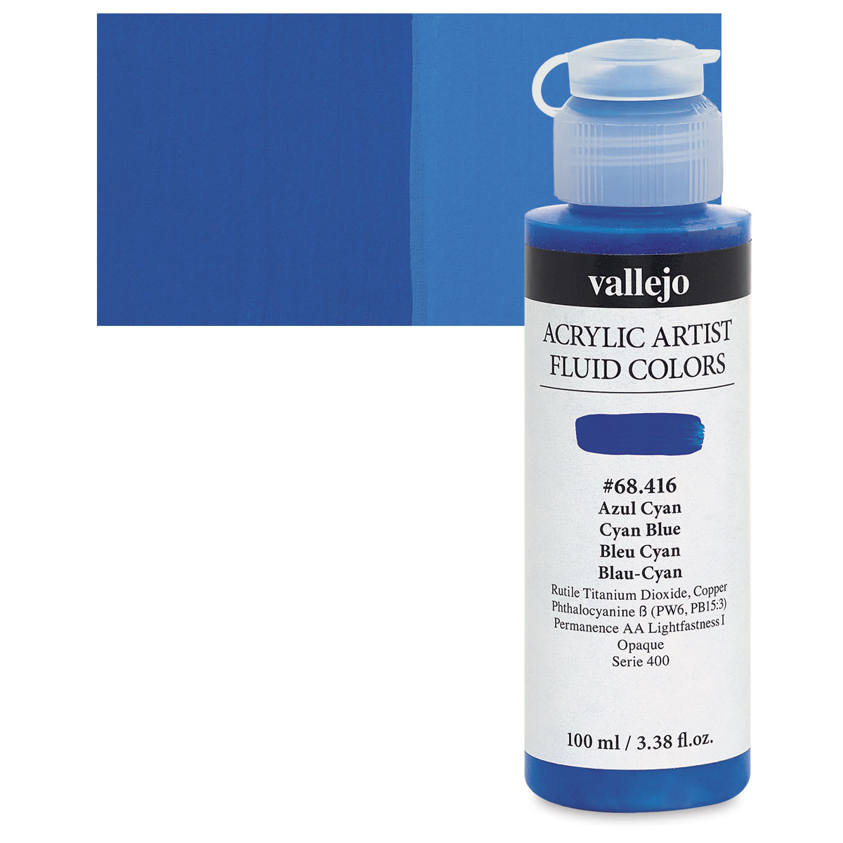 Vallejo Fluid Acrylic - Cyan Blue, 100 ml and swatch