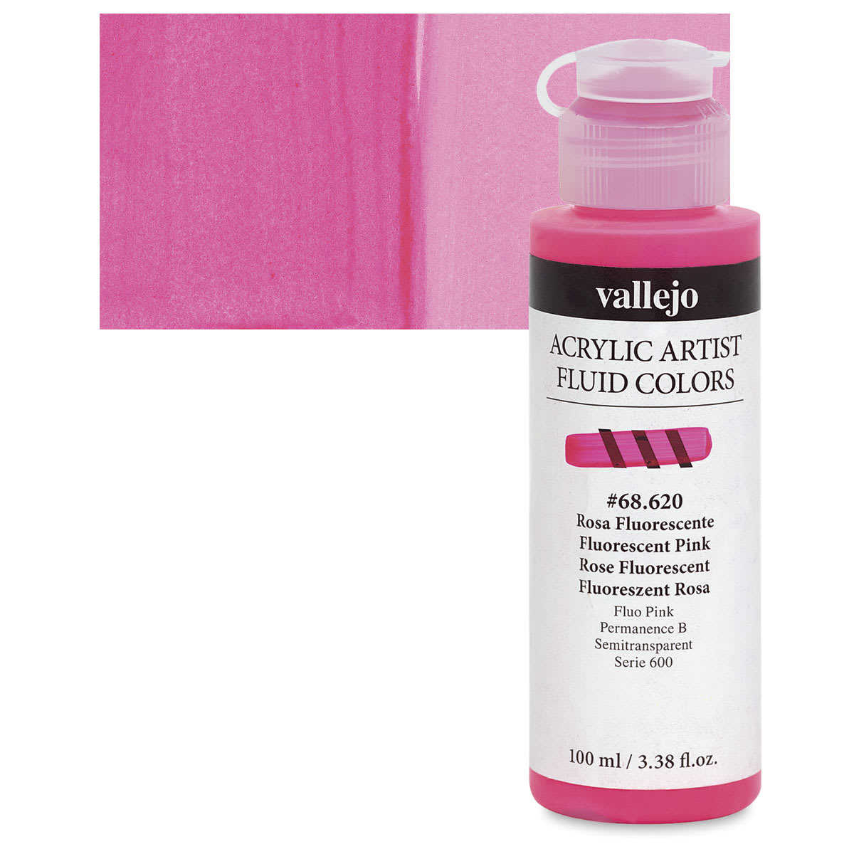 Vallejo Fluid Acrylic - Fluorescent Pink, 100 ml and swatch