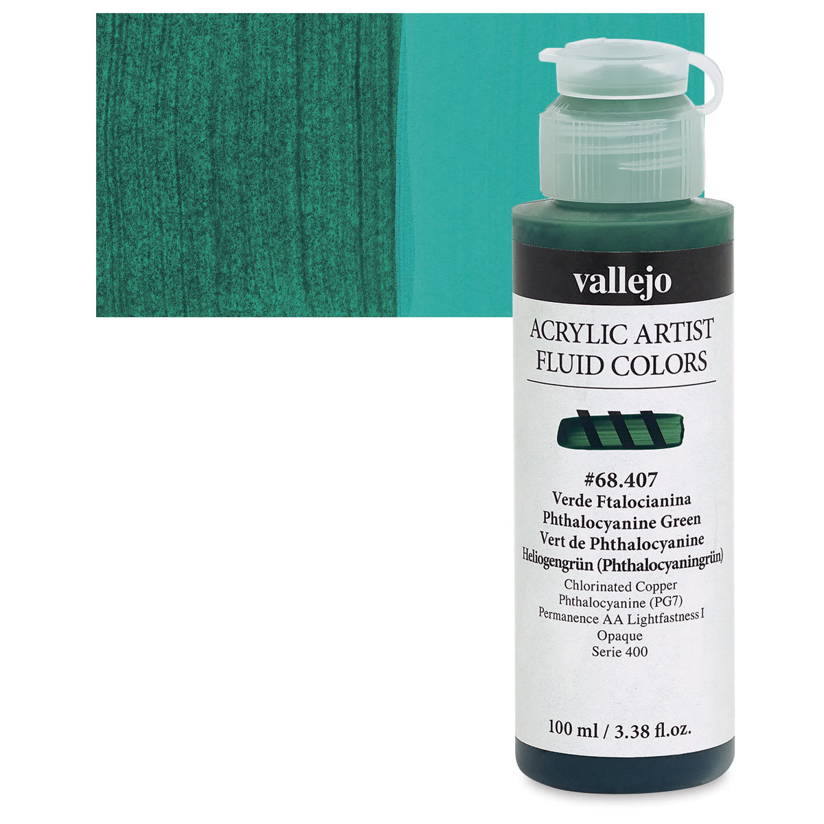 Vallejo Fluid Acrylic - Phthalocyanine Green, 100 ml and swatch