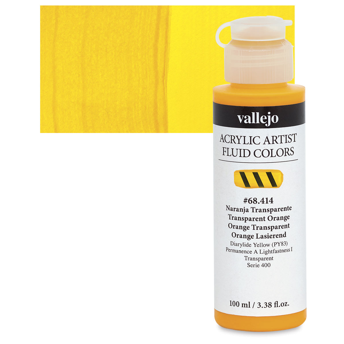 Vallejo Fluid Acrylic - Transparent Orange, 100 ml and swatch