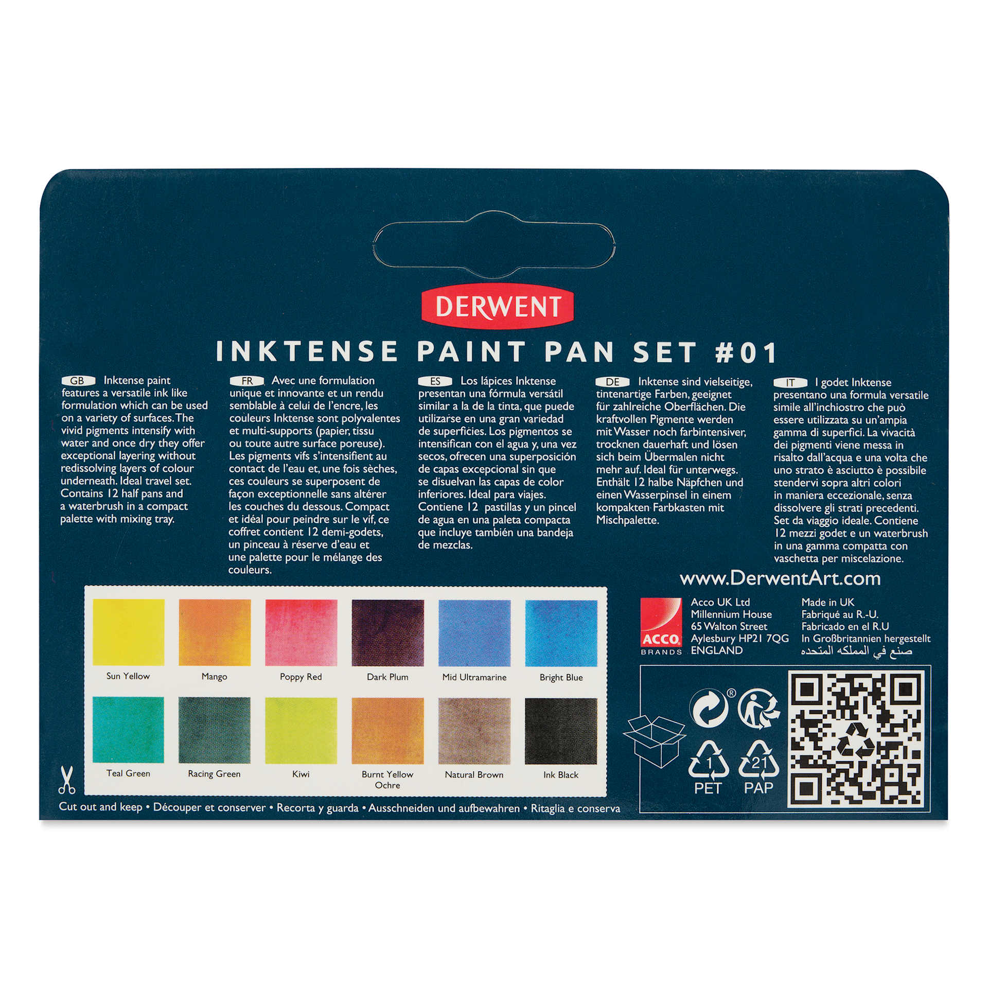 Derwent Inktense Paint Pan - Palette 01 Set of 12 back of package