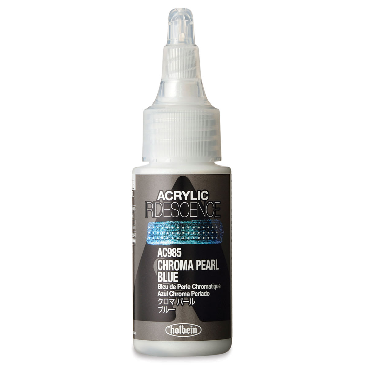 Holbein Acrylic Iridescence - Front of bottle of transparent Chroma Pearl Blue
