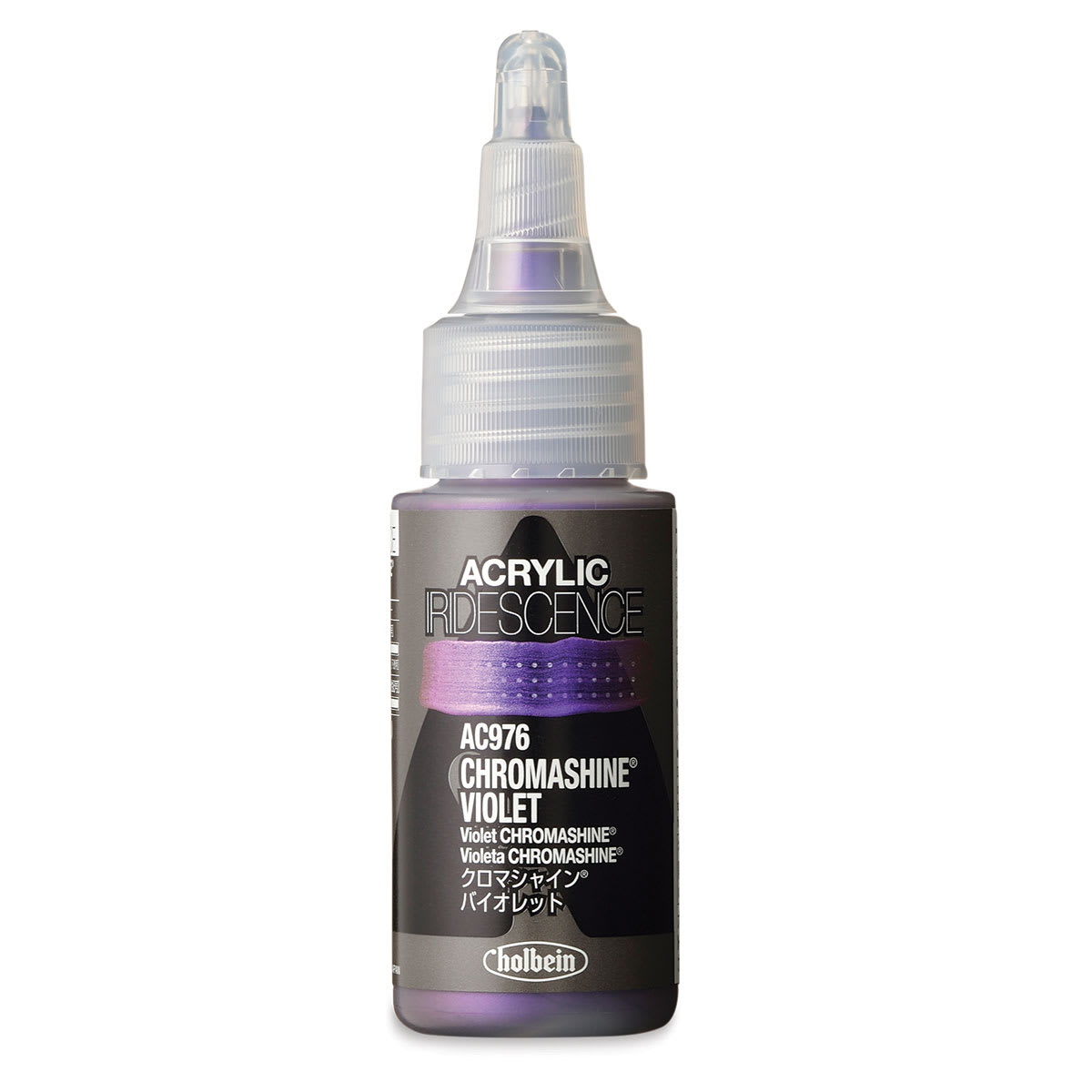 Holbein Acrylic Iridescence - Front of bottle of opaque Chromashine Violet
