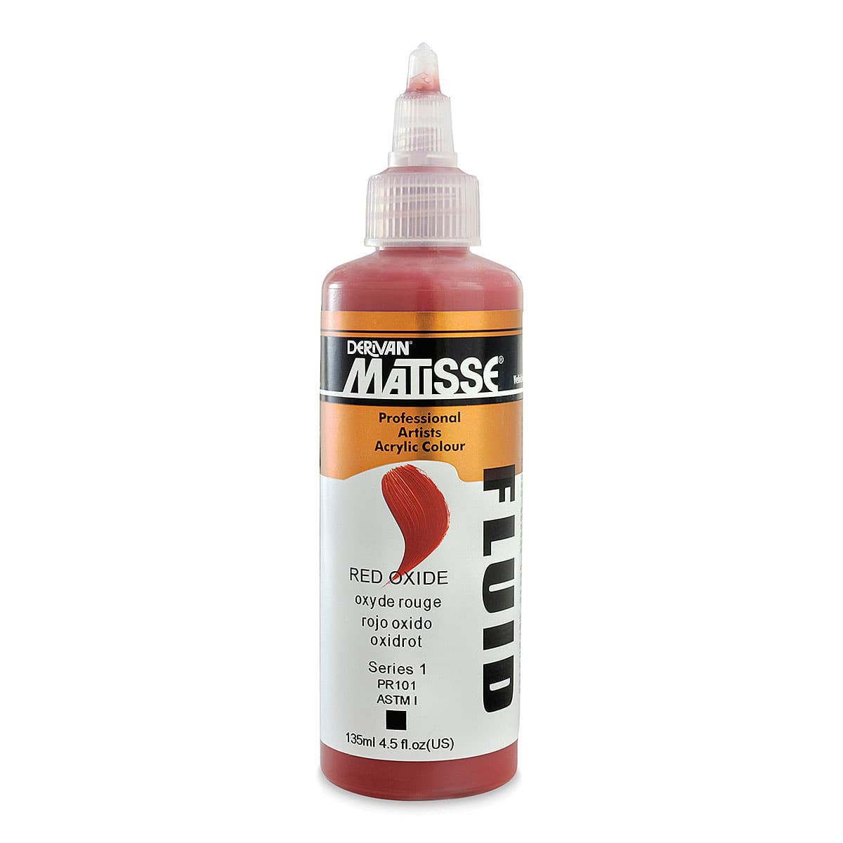Matisse Fluid Acrylics - Front of 135 ml bottle of Red Oxide
