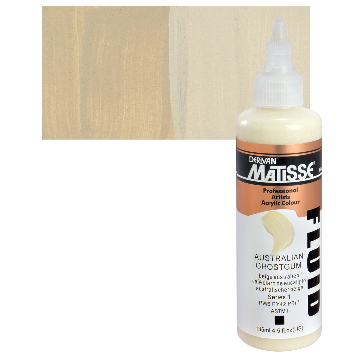 Matisse Fluid Acrylic - Australian Ghost Gum, 135 ml bottle and swatch