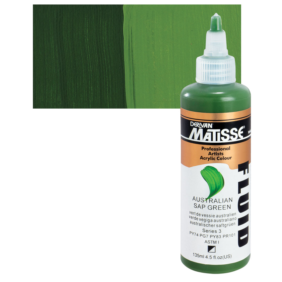 Matisse Fluid Acrylic - Australian Sap Green, 135 ml bottle and swatch