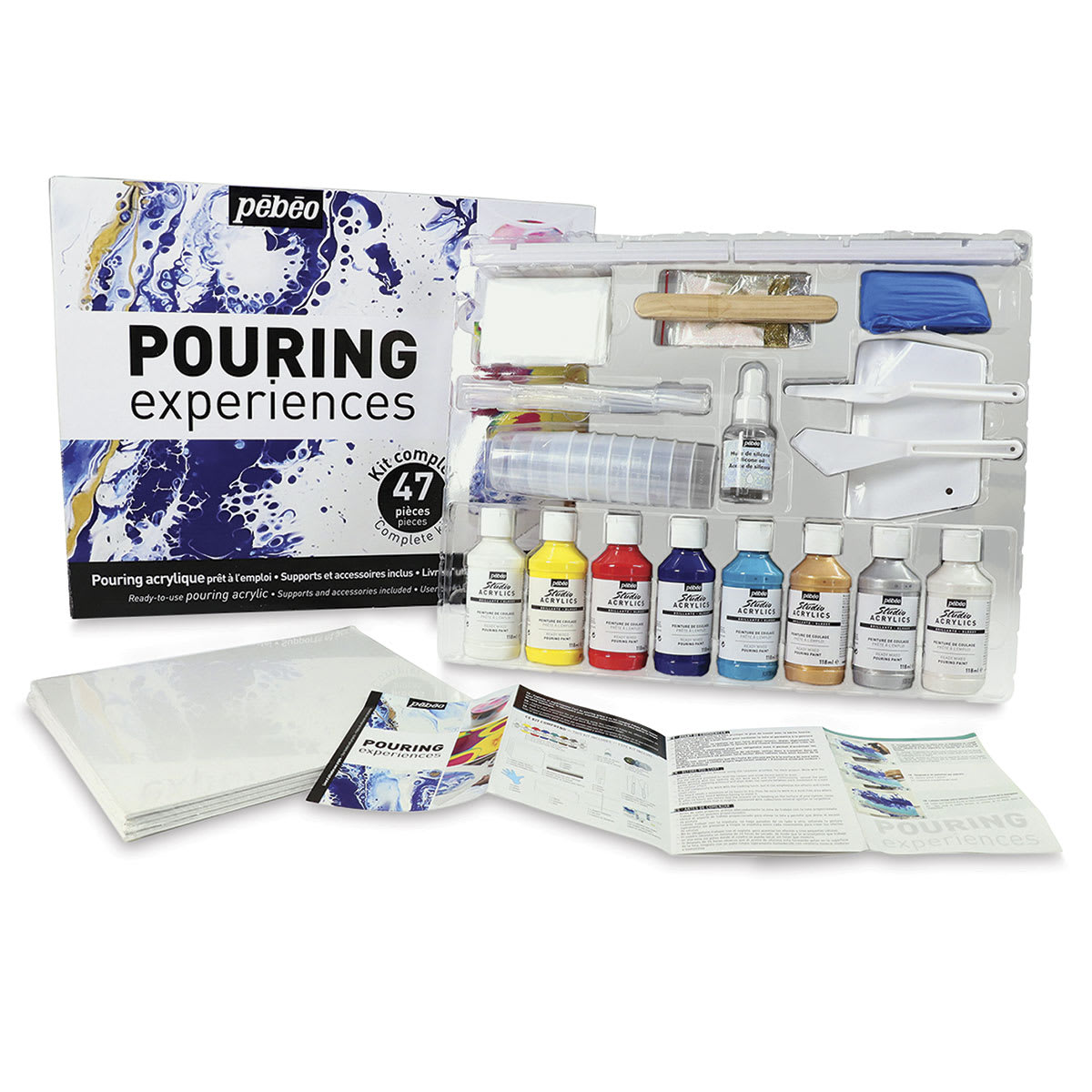 Pebeo Pouring Experiences Kit - Components of Kit shown next to package