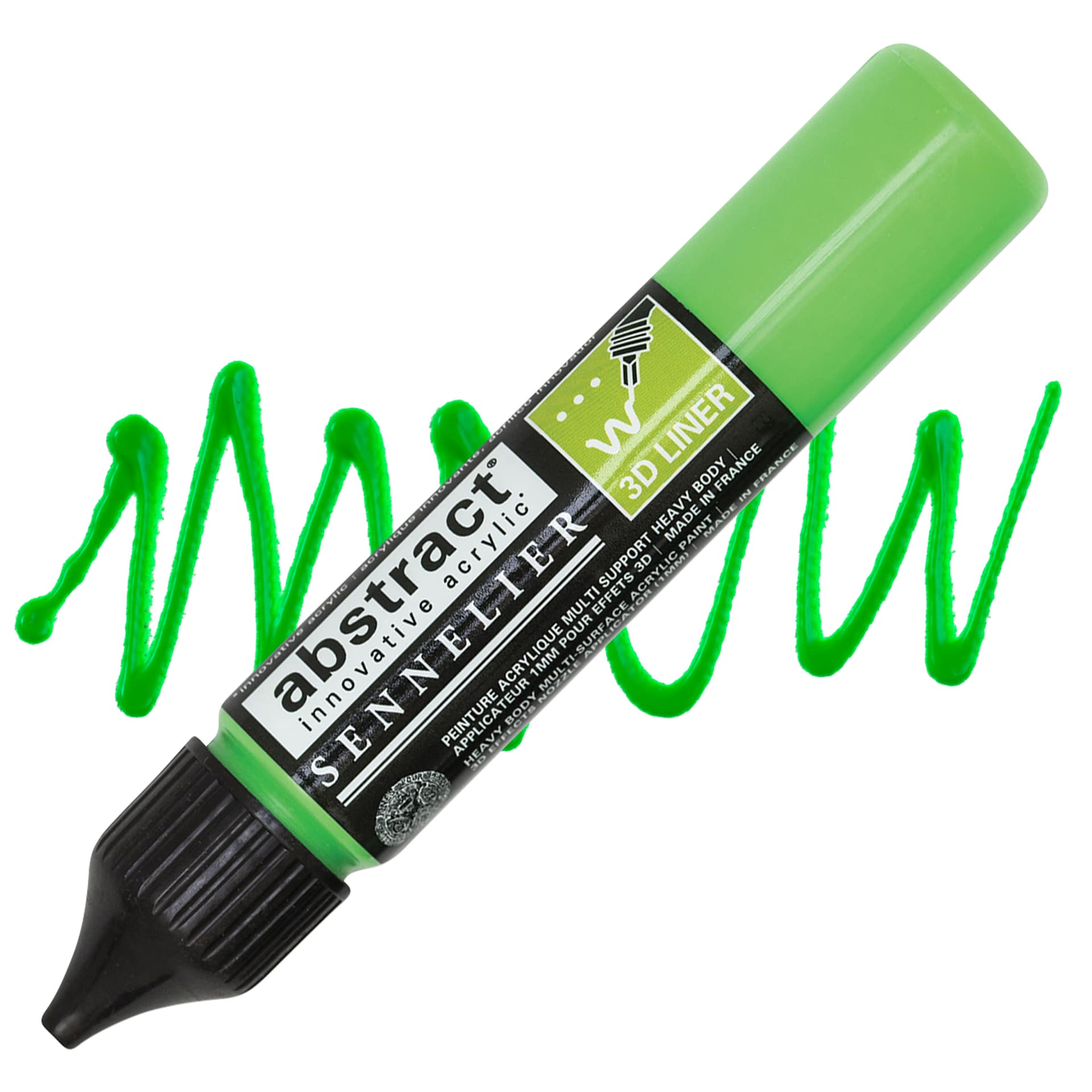 Sennelier Abstract 3D Liner - Fluorescent Green, 27 ml bottle and swatch