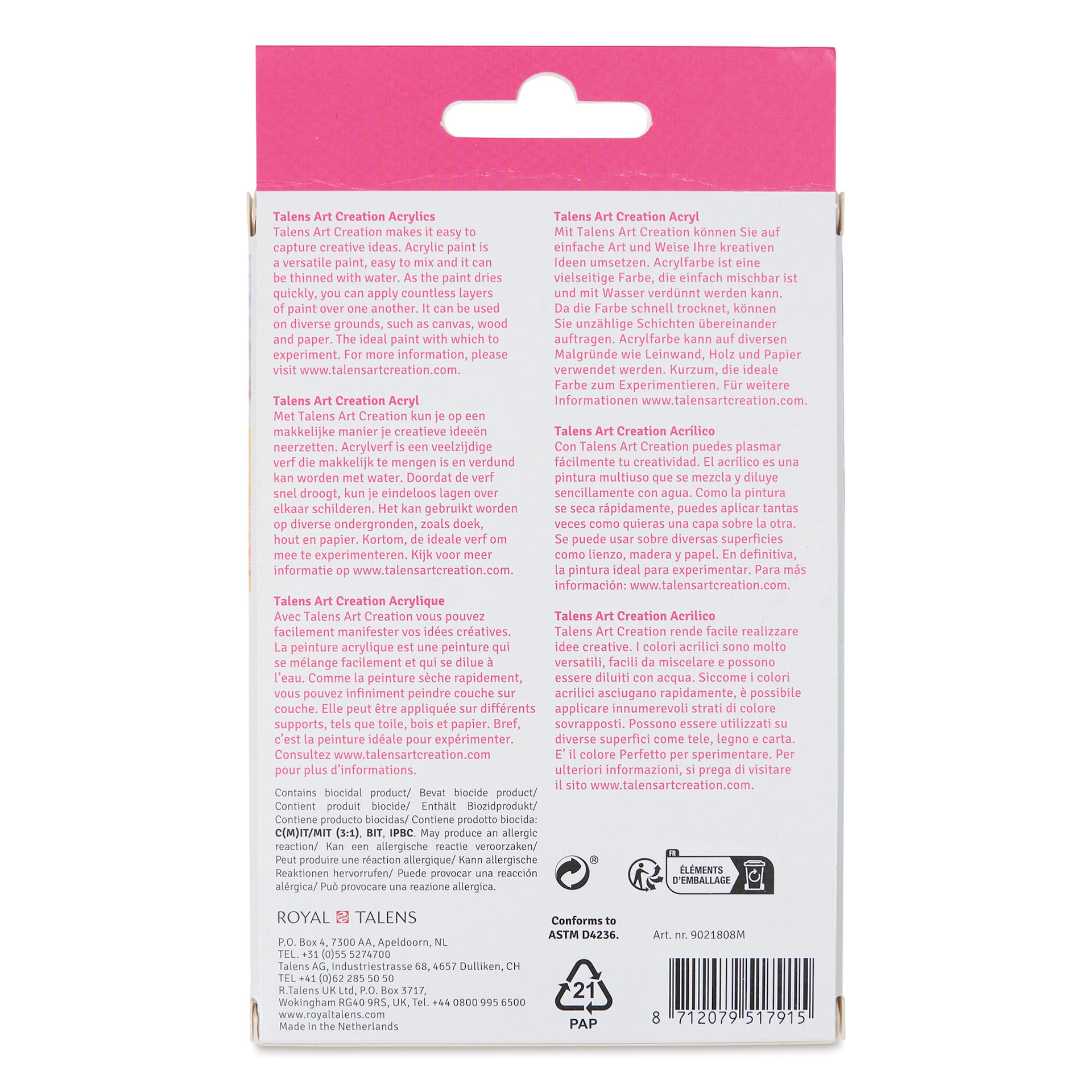 Talens Art Creation Acrylics - Set of 8, 12 ml Tubes back of package