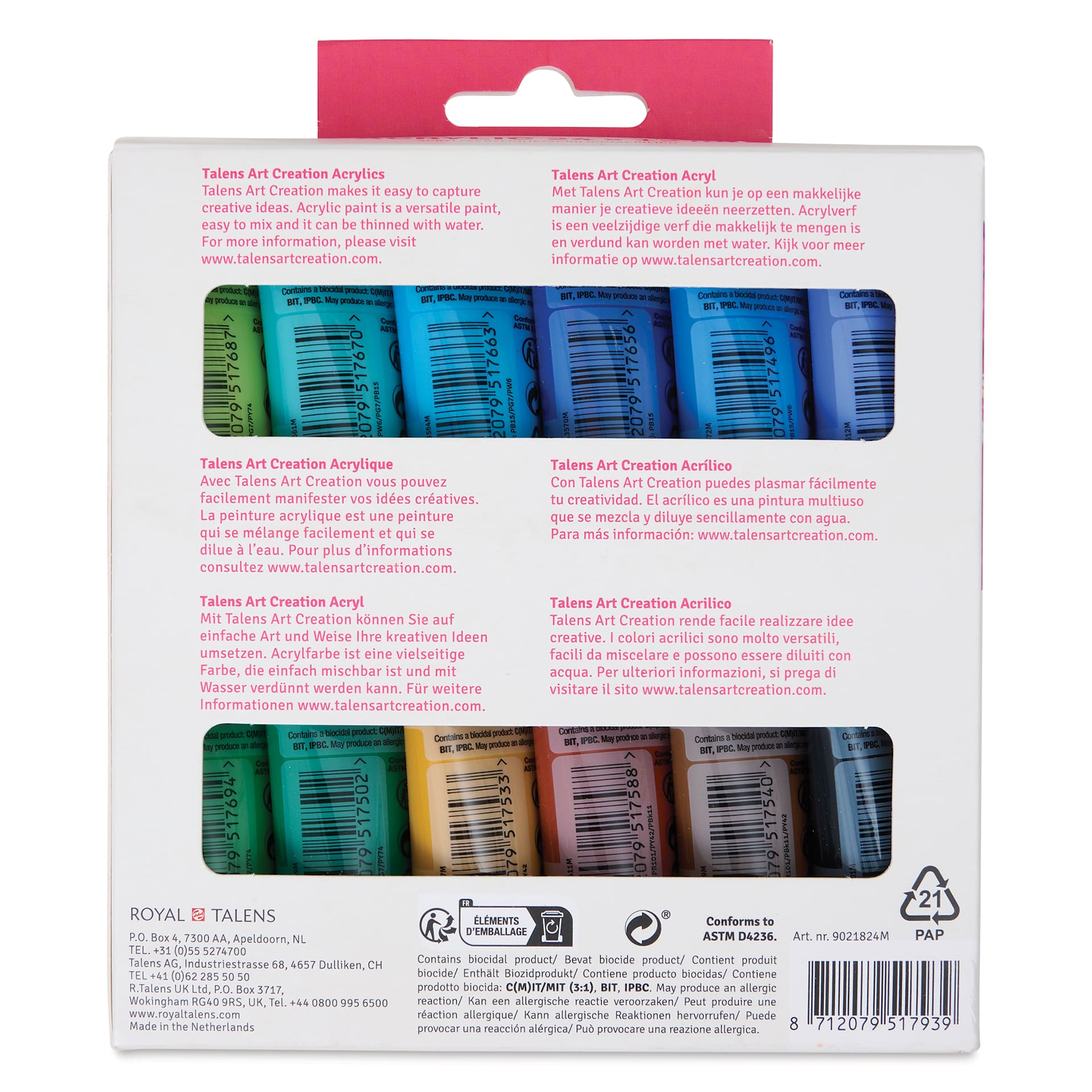 Talens Art Creation Acrylic Set - Set of 24, 12 ml tubes, Assorted, back of packaging