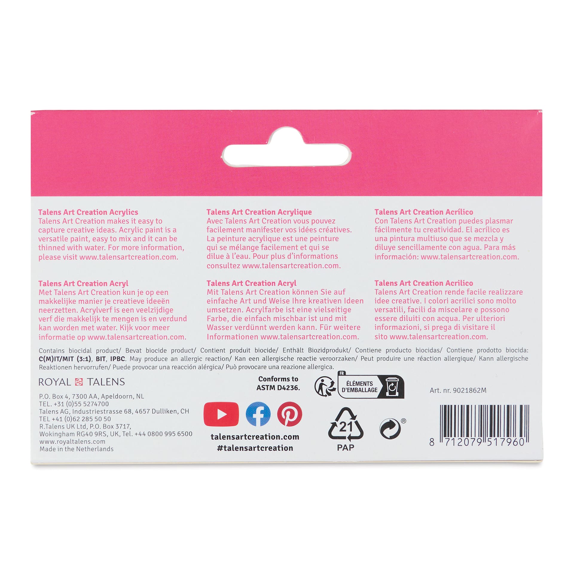 Talens Art Creation Acrylics - Set of 6, Pastel, 12 ml Tubes back of package