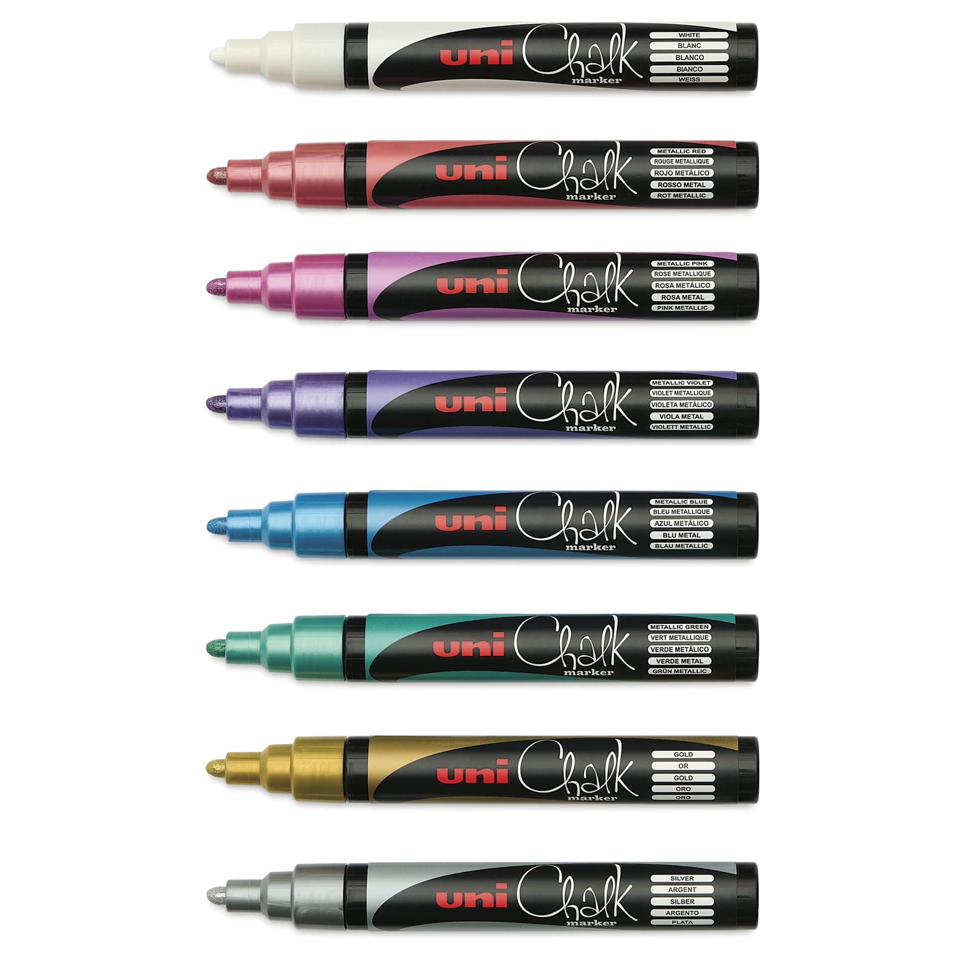 Uni Chalk Markers - Pkg of 8, Metallic, Medium out of packaging with caps off