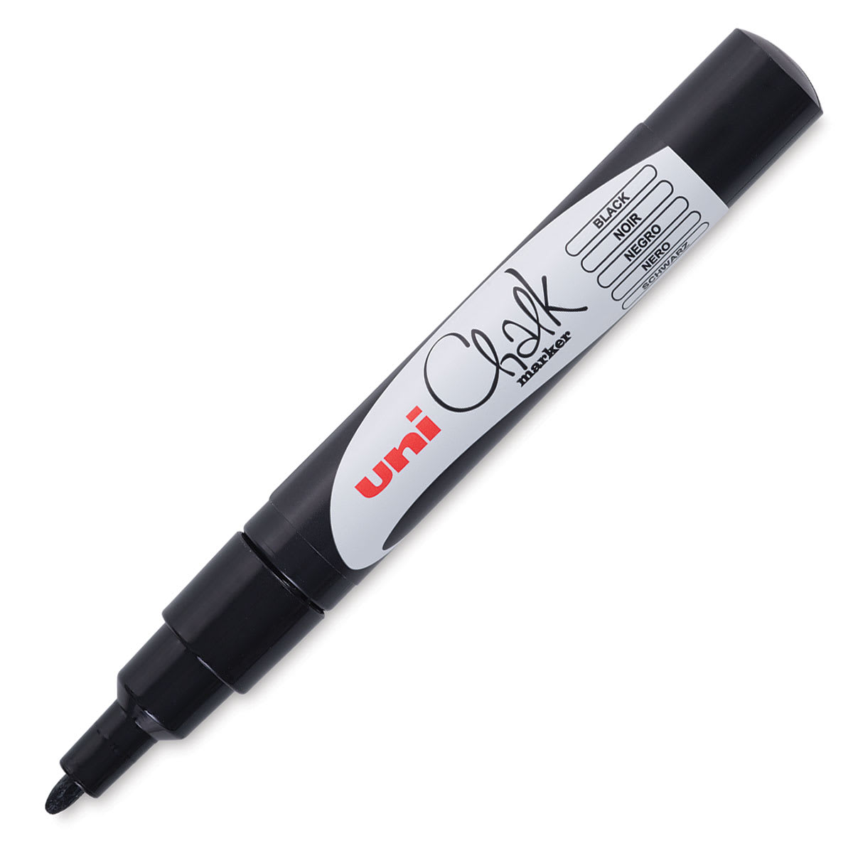 Uni Chalk Markers - Angled view of uncapped 1.3 mm Black Marker 