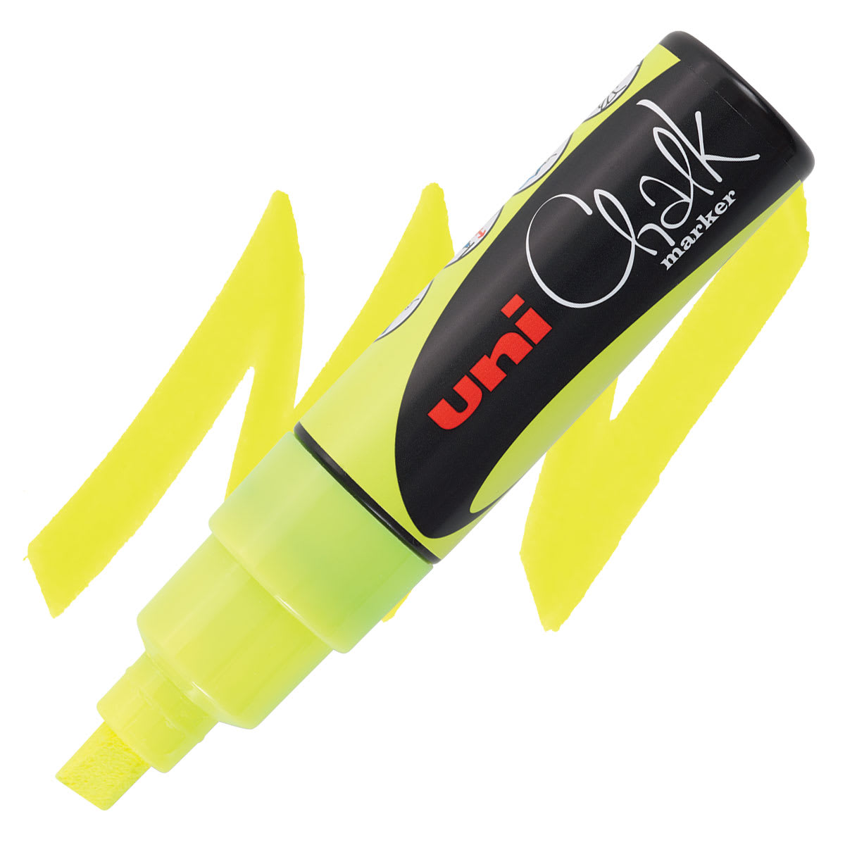 Uni Chalk Marker - Fluorescent Yellow, 8 mm marker and swatch