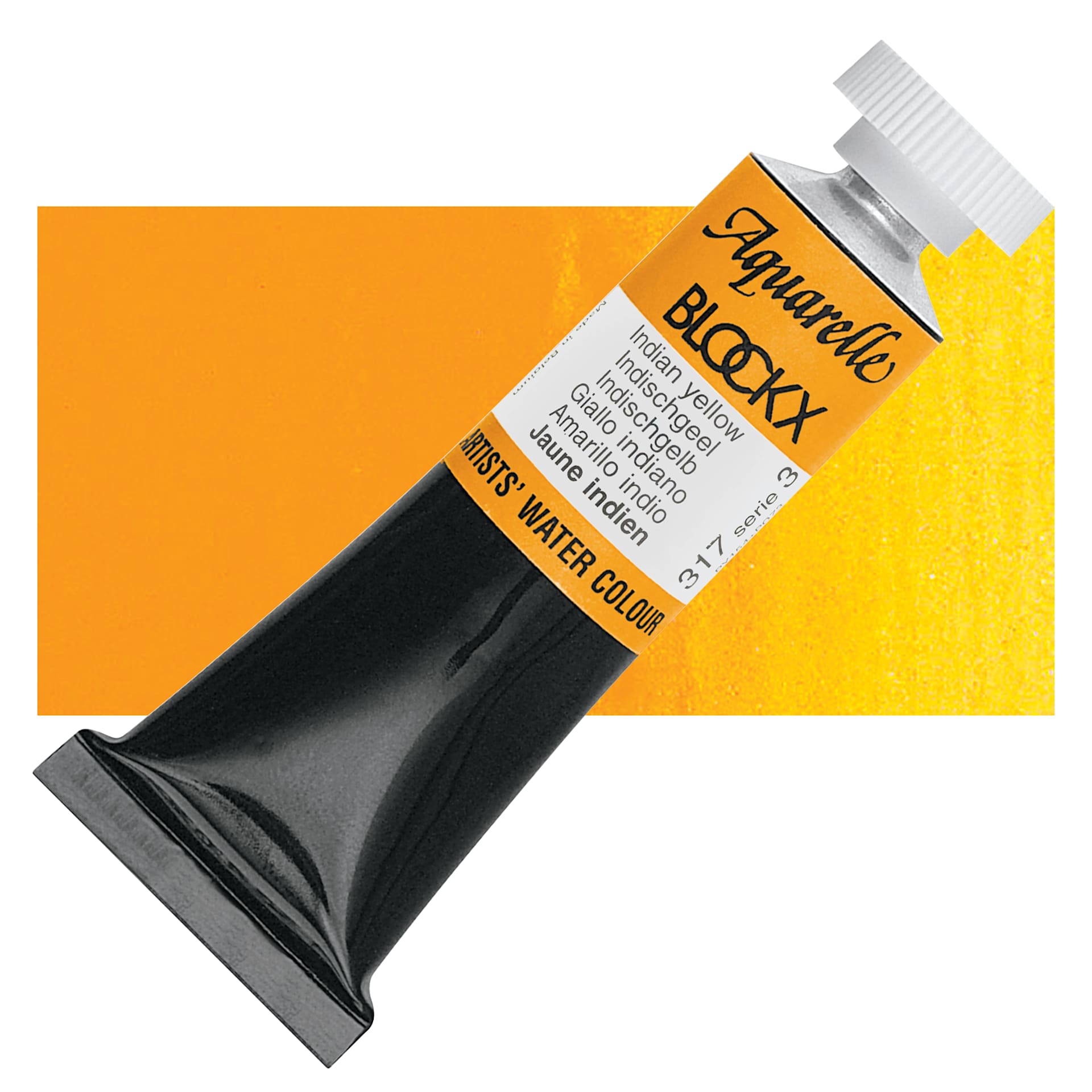 Blockx Artists' Watercolor - Indian Yellow, 15 ml Tube and swatch