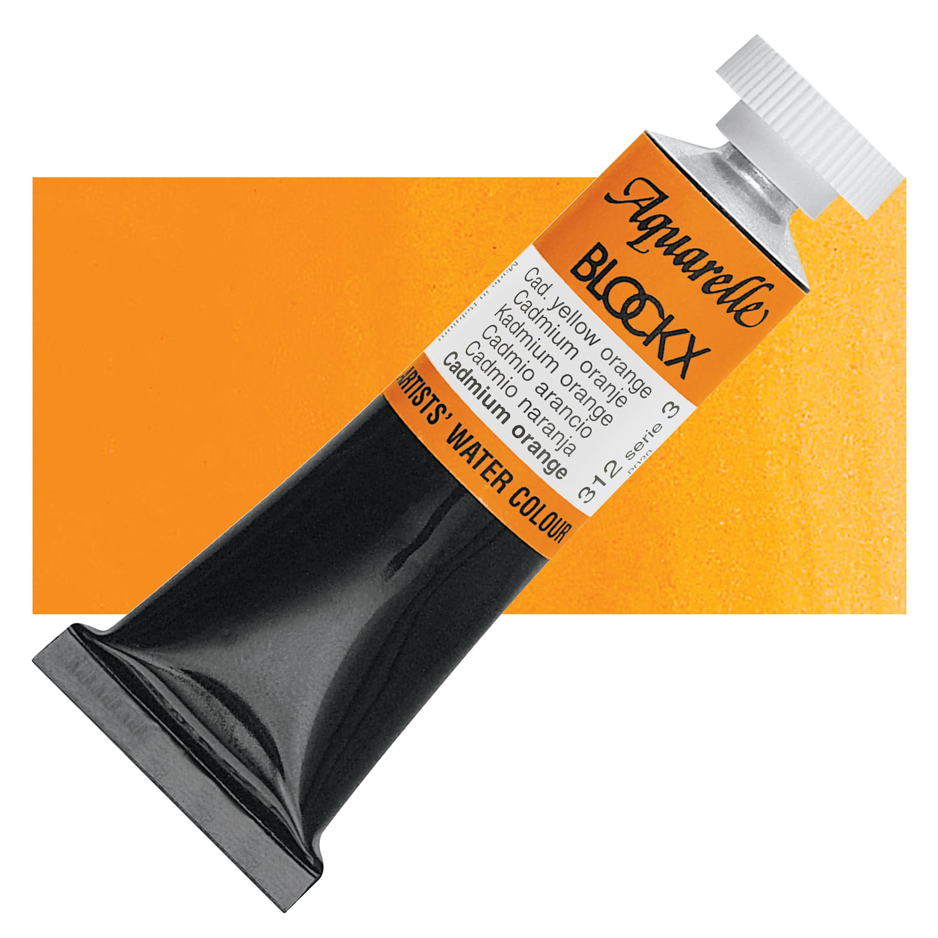 Blockx Artists' Watercolor - Cadmium Yellow Orange, 15 ml tube and swatch