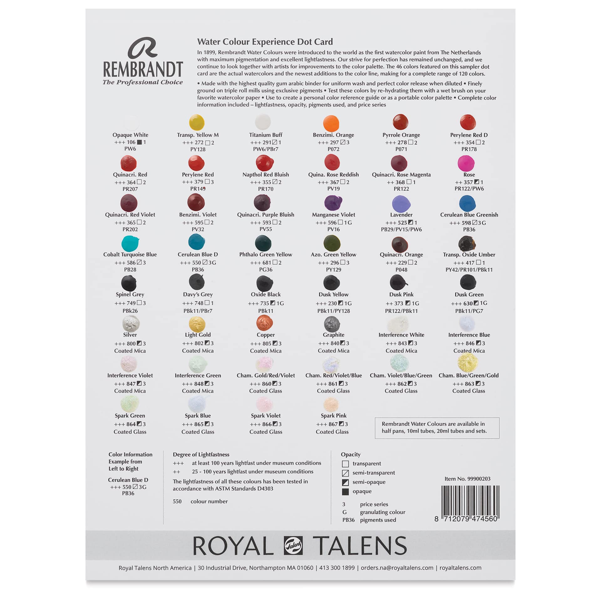 Rembrandt Artist Watercolor - Dot Card, 46 Colors, 8.5" x 11"