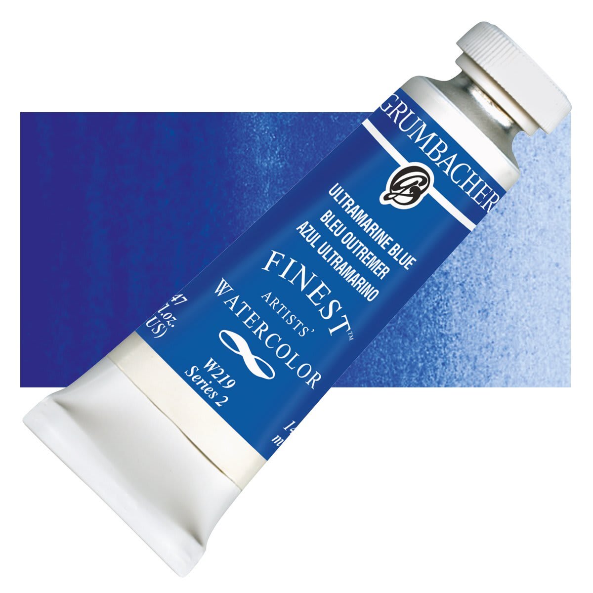 Grumbacher Finest Artists' Watercolor - Ultramarine Blue tube and swatch