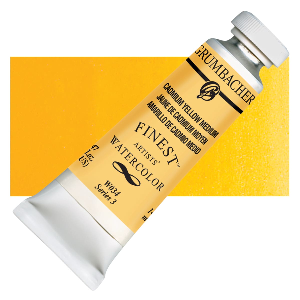 Grumbacher Finest Artists' Watercolor - Cadmium Yellow Medium, 14 ml tube and swatch