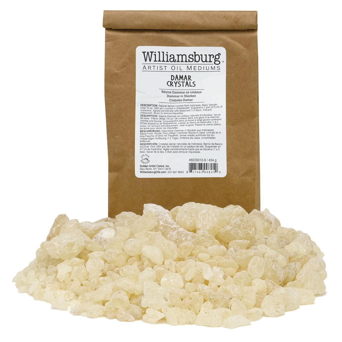 Williamsburg Damar Crystals - Pile of Crystals shown in front of package
