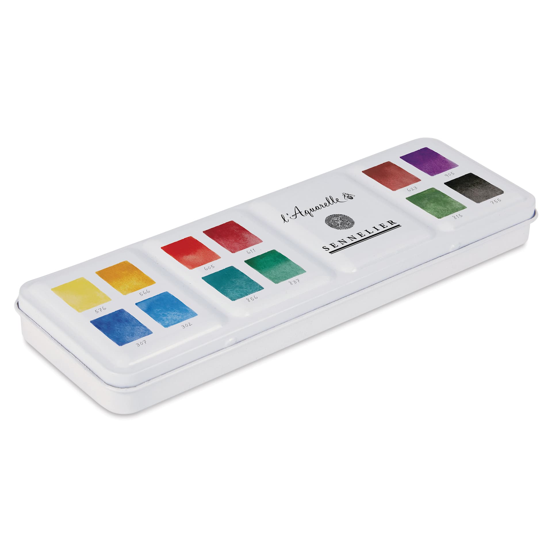 Sennelier French Artists' Watercolors - Set of 12, Granular, Half Pans side view of case
