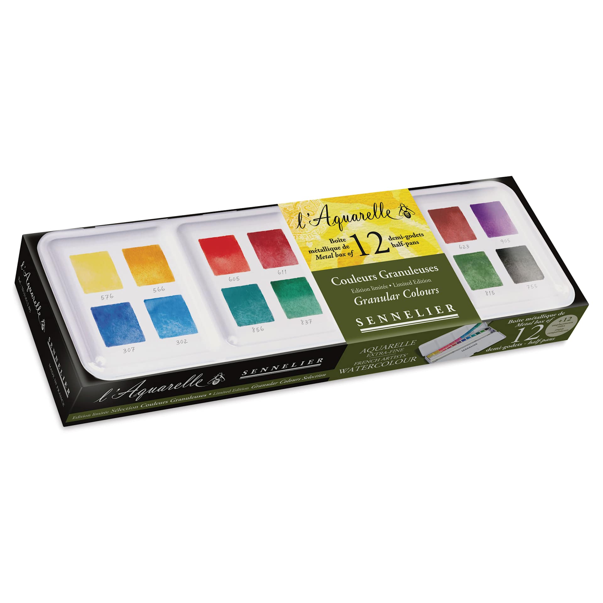 Sennelier French Artists' Watercolors - Set of 12, Granular, Half Pans in packaging