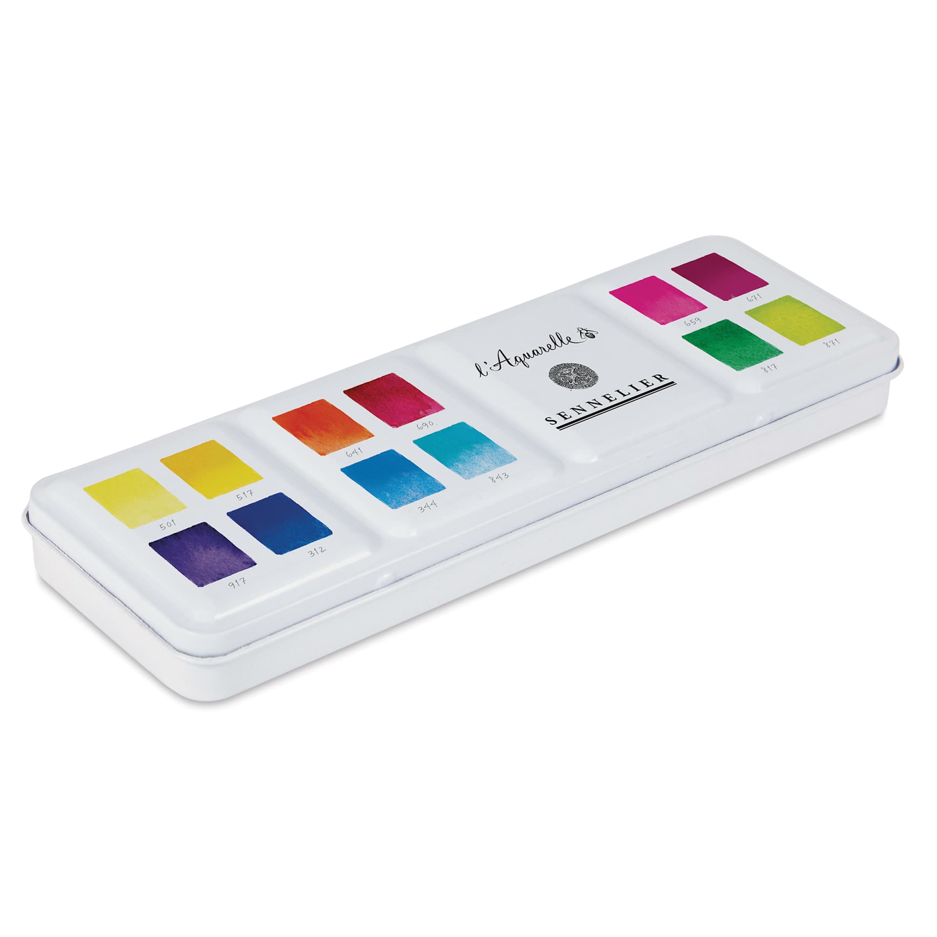 Sennelier French Artists' Watercolors - Set of 12, Intense, Half Pans side view of case