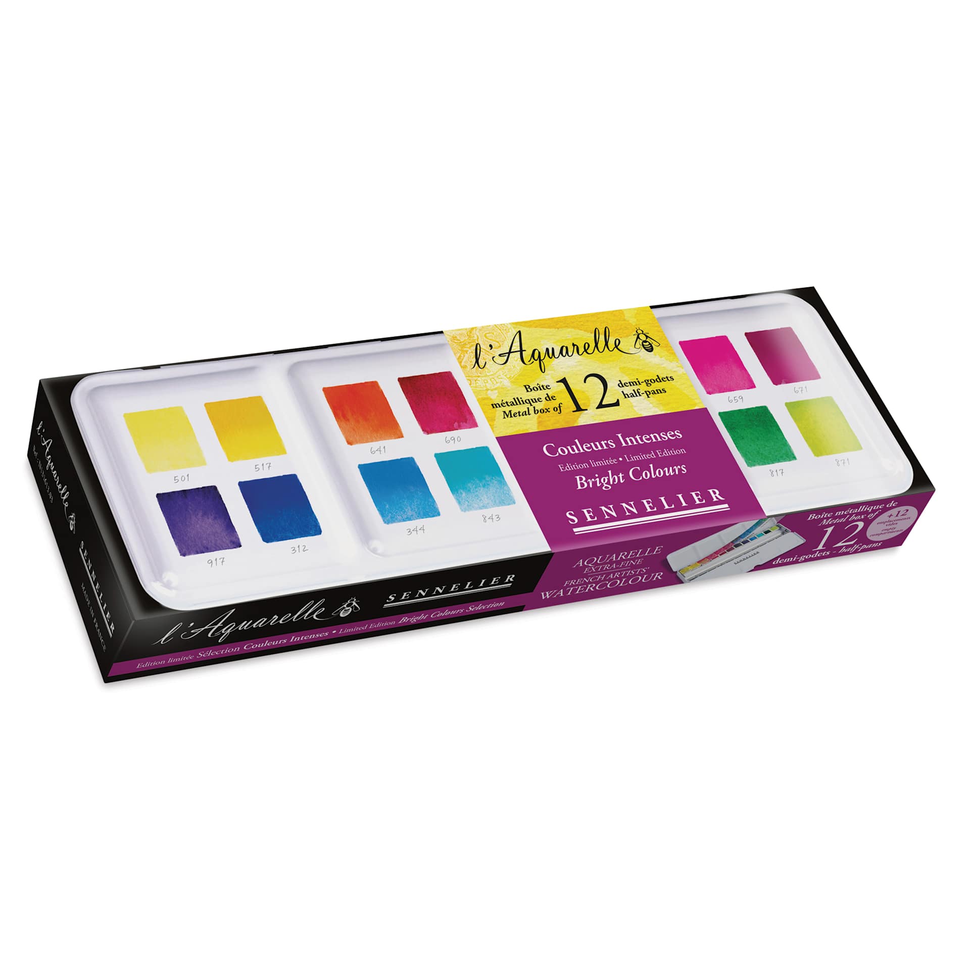 Sennelier French Artists' Watercolors - Set of 12, Intense, Half Pans in packaging