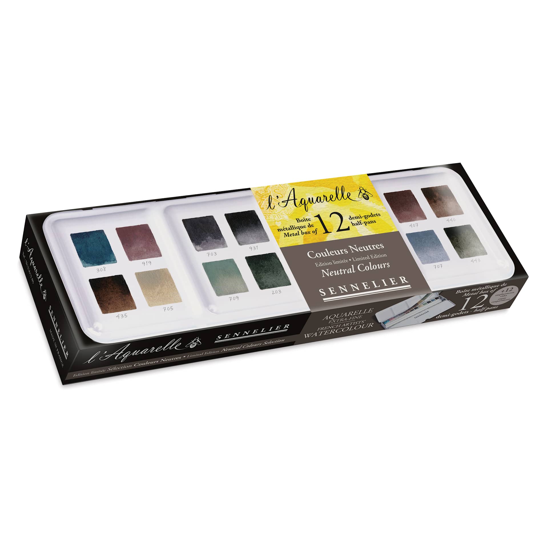 Sennelier French Artists' Watercolors - Set of 12, Neutral, Half Pans in packaging