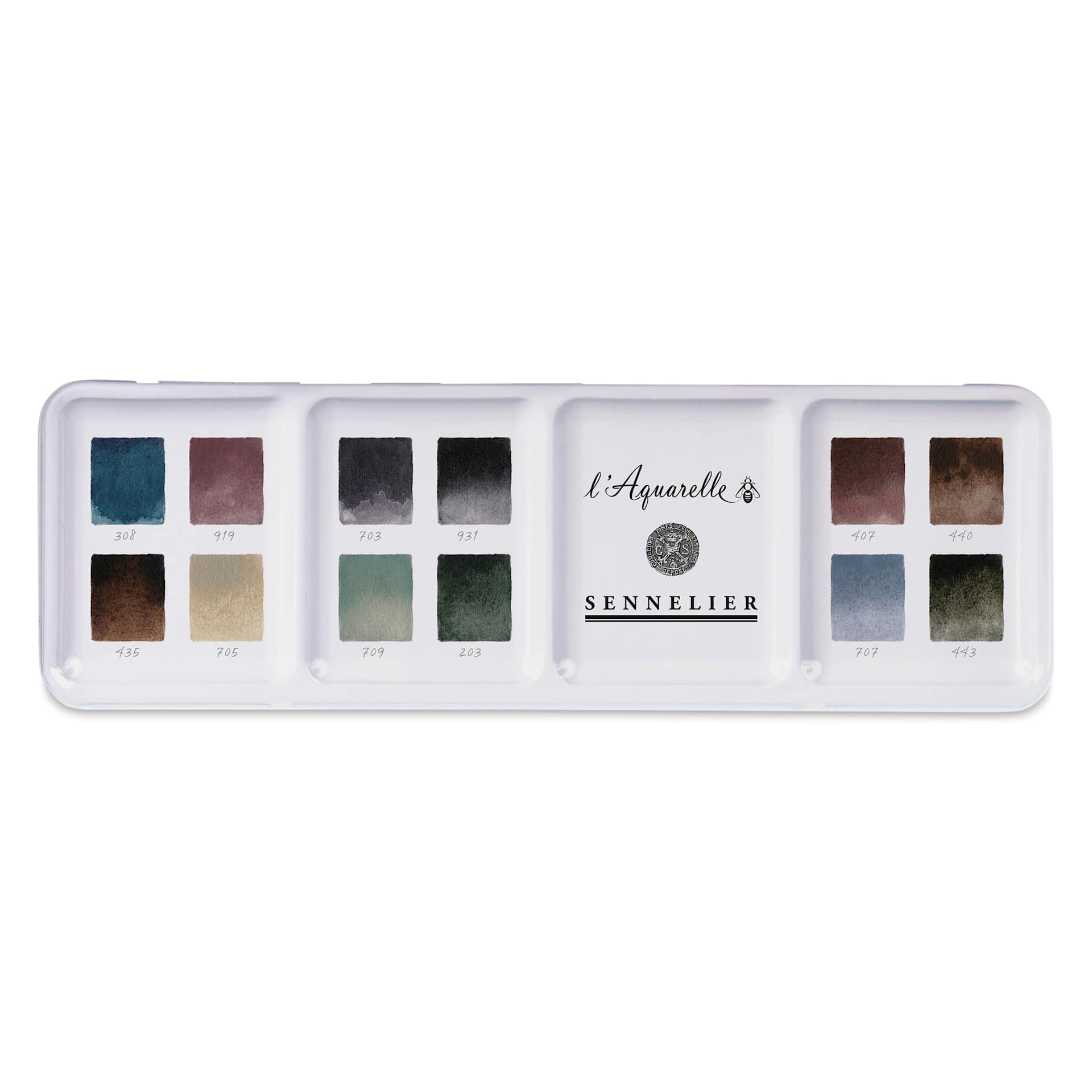 Sennelier French Artists' Watercolors - Set of 12, Neutral, Half Pans top of case