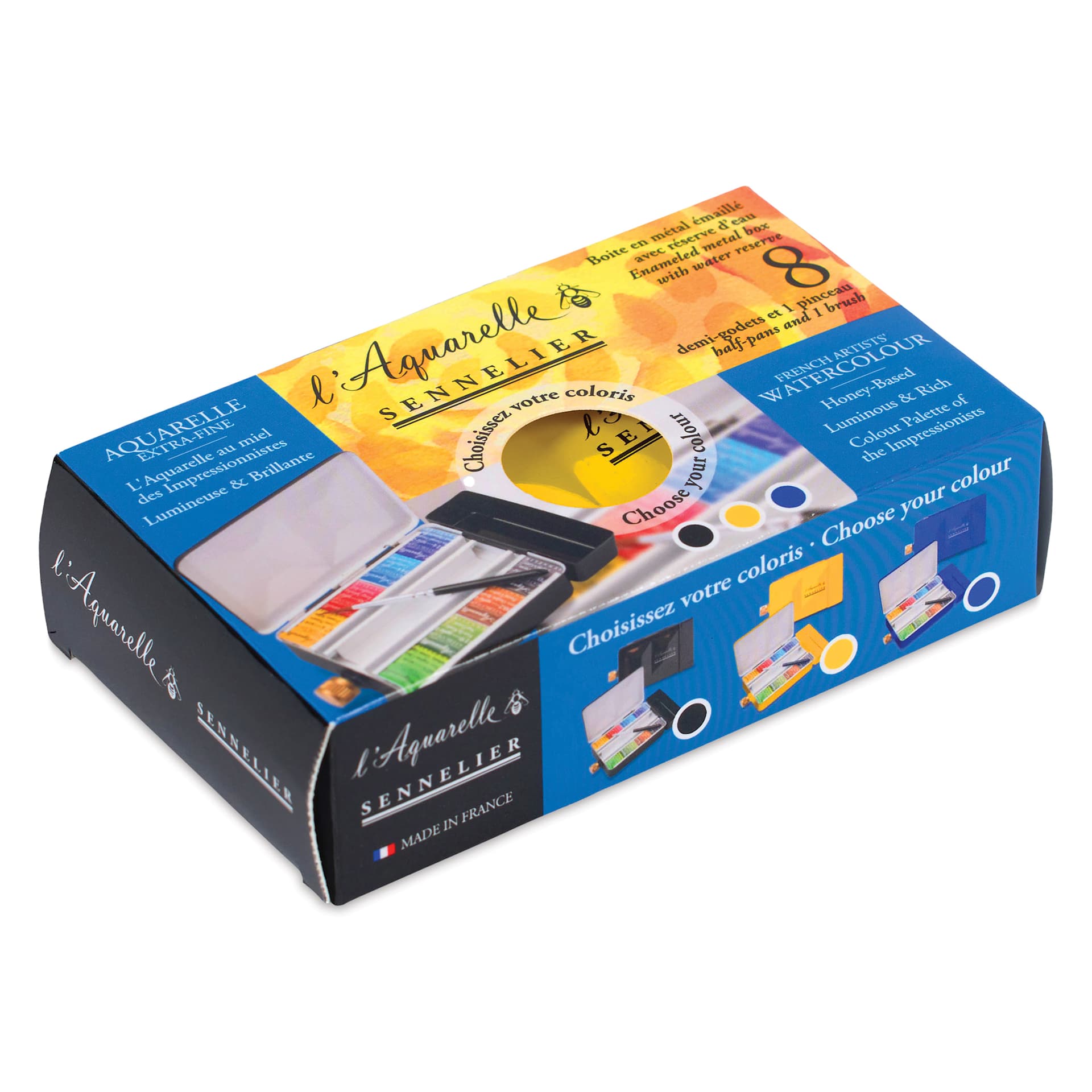 Sennelier French Artists' Watercolor - Set of 8, Yellow Case, Assorted Colors, Half Pans in packaging