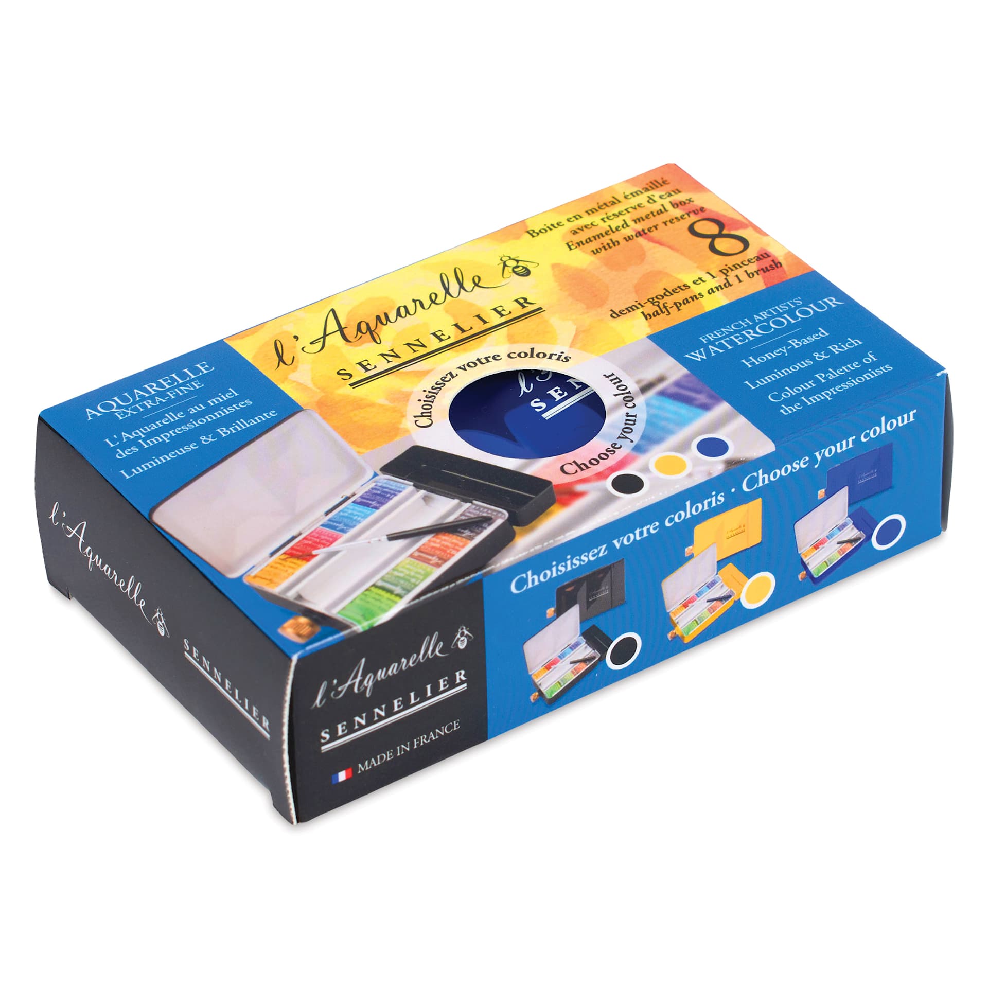 Sennelier French Artists' Watercolor - Set of 8, Blue Case, Assorted Colors, Half Pans front of packaging
