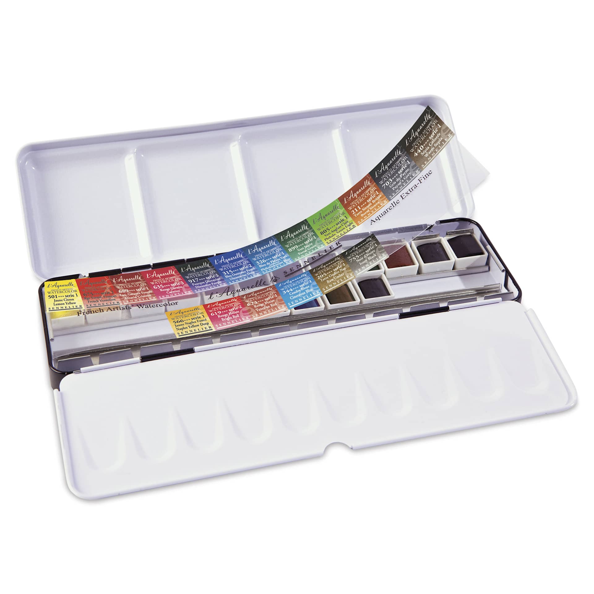 Sennelier French Artists' Watercolors - Set of 12 Plus 6 Free, Metal Case, Half Pans, tin